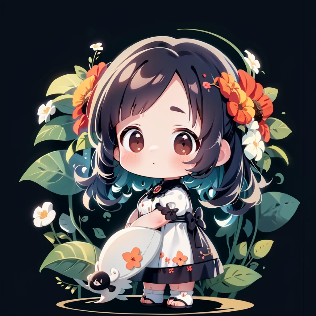 Uma garota,chibi,pele escura, vestido preto com flores vermelhas