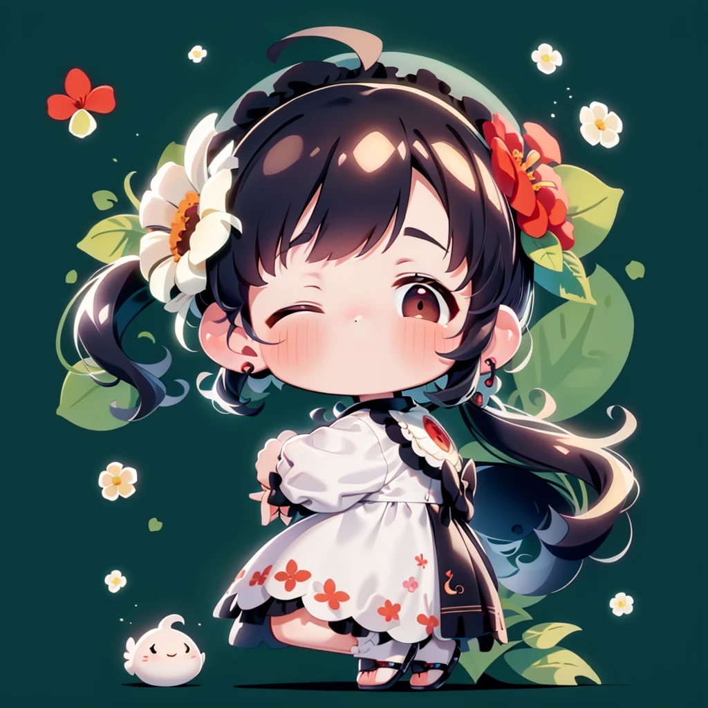 Uma garota,chibi,pele escura, vestido preto com flores vermelhas