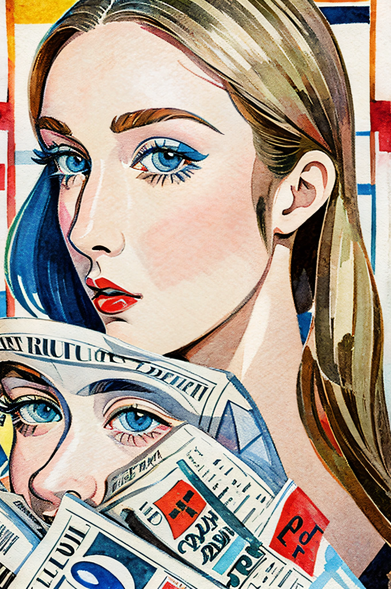 Sketched, watercolor paiting, Collage of Picasso and Robert Delaunay, cubism, Abstract, Cute daughter, big clear blue eyes, Little red cheeks, Blonde long-haired, Face-centric, Against the backdrop of newspapers and fashion magazines, Intricate Brushwork, high-level image quality, A breathtaking masterpiece