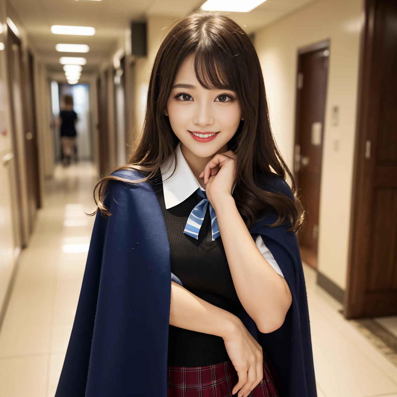 ((top-quality、masutepiece、8K、Top image quality、Very complex and detailed details))、((1 High School Girl、dark blue cloth cape、accurate ribbon、piping、Precise blouse、Accurate cape、european school uniform style))、bulging chest、(cowboy shot:1.2)、Smiling face at the camera、waved hair、Background is a school hallway、School corridor in Japan、lipsticks、long eyelashes、Perfect makeup