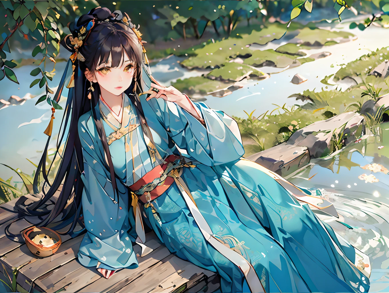 best quality, intricate details, highres,(beautiful detailed water:1.4),(hanfu, tang style),yellow eyes,(1girl in glass jar:1.1),