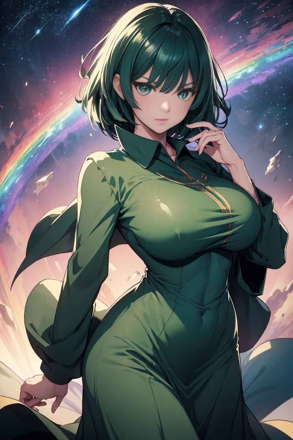 fubuki,1girl in, Girl with emerald green colored hair and detailed teal dress uniform, rainbow colored cosmic nebula background, Stars, intergalactic, Intricate details, Perfect face, Dark green hair, Long hair, Green eyes, Anime beautiful girl wearing a red uniform, a miniskirt, Absolute area, A slight smil, Perfect Anatomy, Perfect face:1.1), ((爆乳!!!!!!)),(huge-breasted!!!!), (Full body shot), Looking at Viewer, Ultra-high definition, (1girl in:1.4), Extremely detailed illustration, Smooth, Very perfect pixel, Seductive,venusbody,