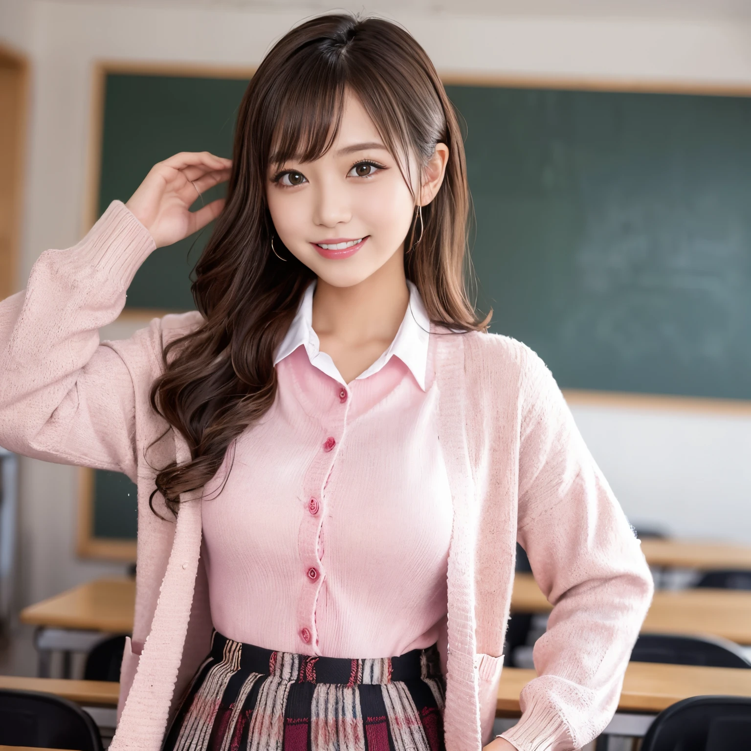((top-quality、masutepiece、8K、Top image quality))、(1 photo:1.5)、Highly saturated、1 schoolgirl、((Pink cardigan、Uniform Shirt、Pink plaid pleated skirt))、The happiest smile、View me、waved hair、The background is a school classroom、lipsticks、long eyelashes、Perfect makeup、Emphasize body lines、large full breasts、accurate anatomy、(perfect hair:1.2)、Gravure Pose、(exact cardigan:1.3)