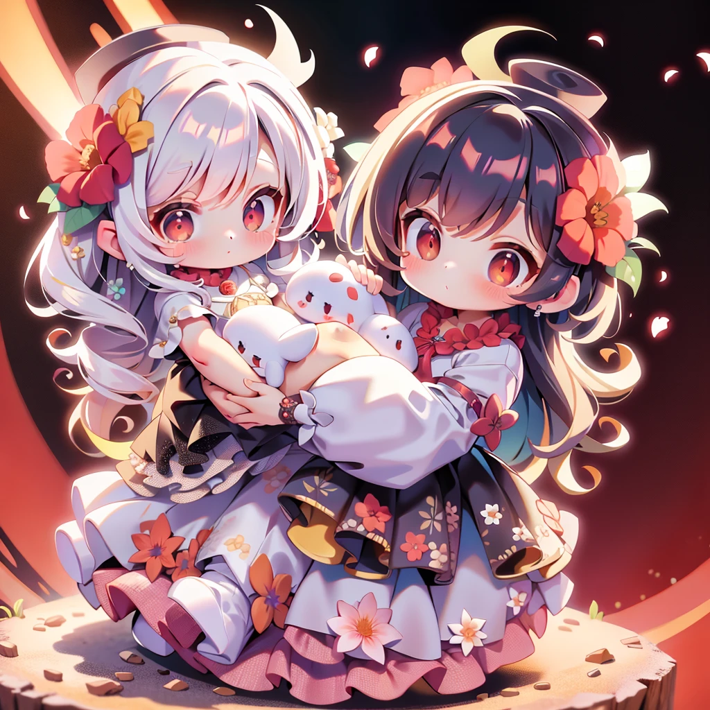 Uma garota,chibi,pele escura, vestido preto com flores vermelhas