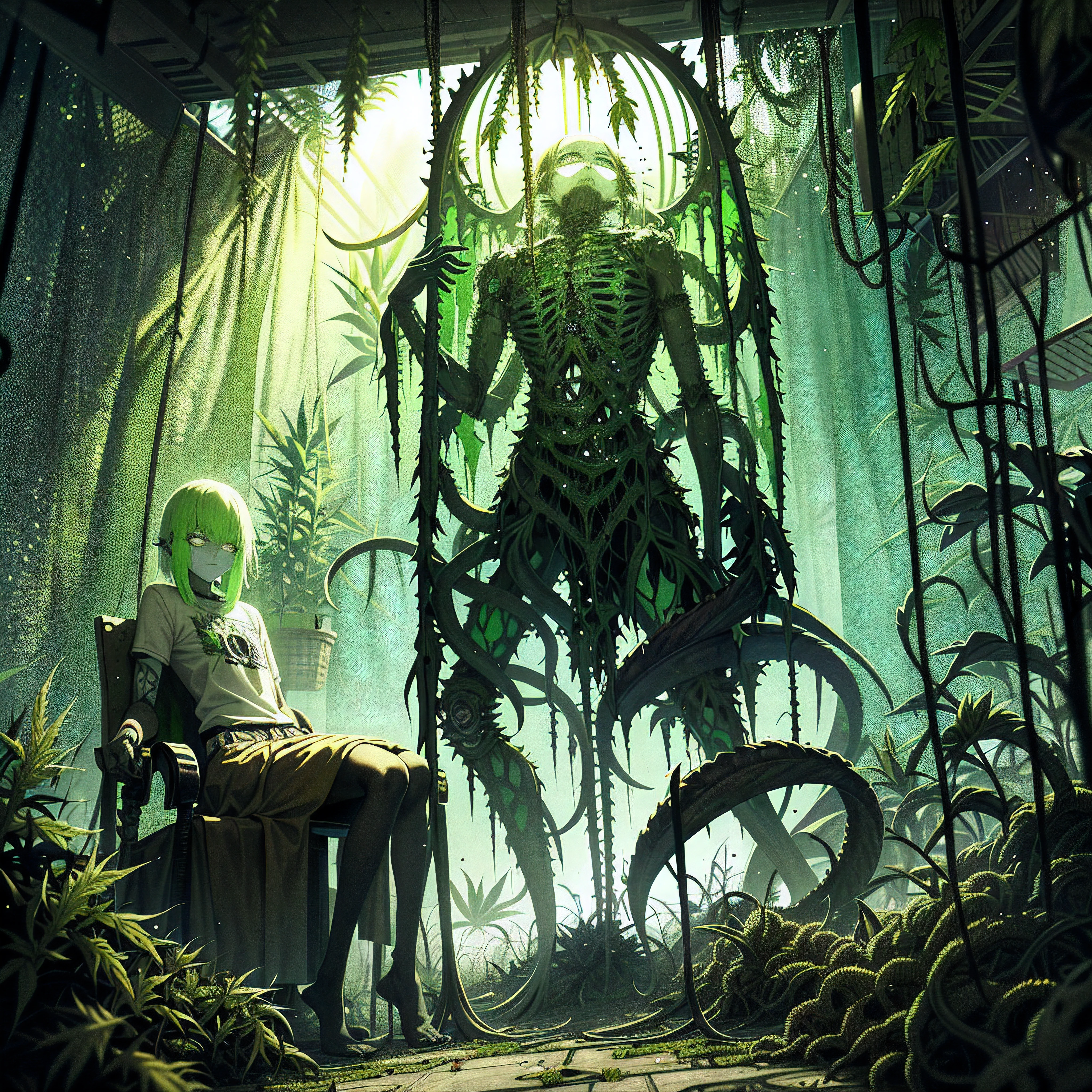 ((gloomy tentacle horror biopunk atmosphere)), biopunk pier, tentacle shipyard, cold lighting, abandoned biopunk landscape, (scorn videogame style), horror atmosphere, presence of something terrible, highly detailed biopunk background, background by Hans Giger, perfect anatomy, masterpiece The Marijuana vines crept across their skin, tendrils worming into pores, twining around limbs. At first it was a tickle, a tease, marijuana leaves fluttering over flesh. But then the vines thickened, tightened, thorns digging in, not to draw blood but to anchor. They felt the marijuana pulse inside them giving them pure euphoria, cannabinoids polluting in their veins, marijuana crystals and resin start creeping into their bones. They watched looking at them selves as they sat in a room of mirrors what showed the image on every surface, immobilized with euphoria, as THC AND CBD seeped through their skin, etching rainbow like shadows. The last remains of their humanity withered as the marijuana wrapped them in marijuana flower and marijuana crystals, reducing them to pure euphoria. Soon there was no visible trace of the man, only a human-shaped mass of marijuana standing there.