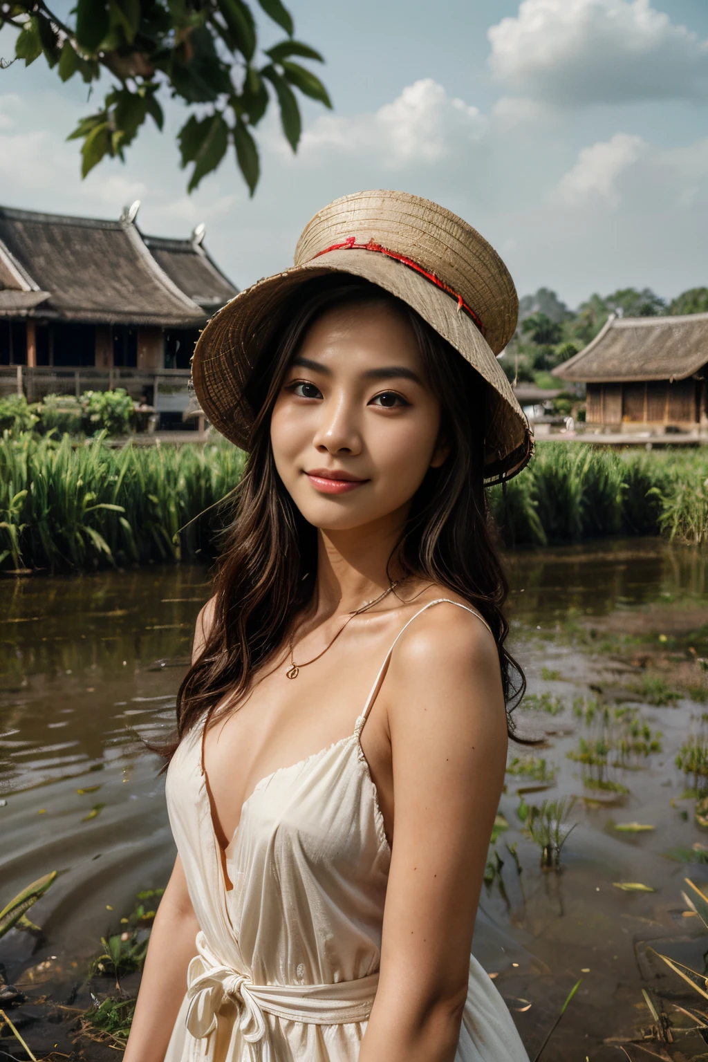 (8K, Ultra high res:1.1) Nguyen, a serene Vietnamese woman in her 20s, stands amidst the picturesque countryside, wearing a simple yet elegant Áo Bà Ba and a Non La (conical hat). Her warm smile and sparkling brown eyes add to her natural beauty. The high-resolution image captures ultra-detailed realism, highlighting Nguyen's captivating features with photorealistic precision. The peaceful countryside with rice paddies and traditional houses creates a visually stunning representation of Nguyen's connection with nature and her Vietnamese roots.