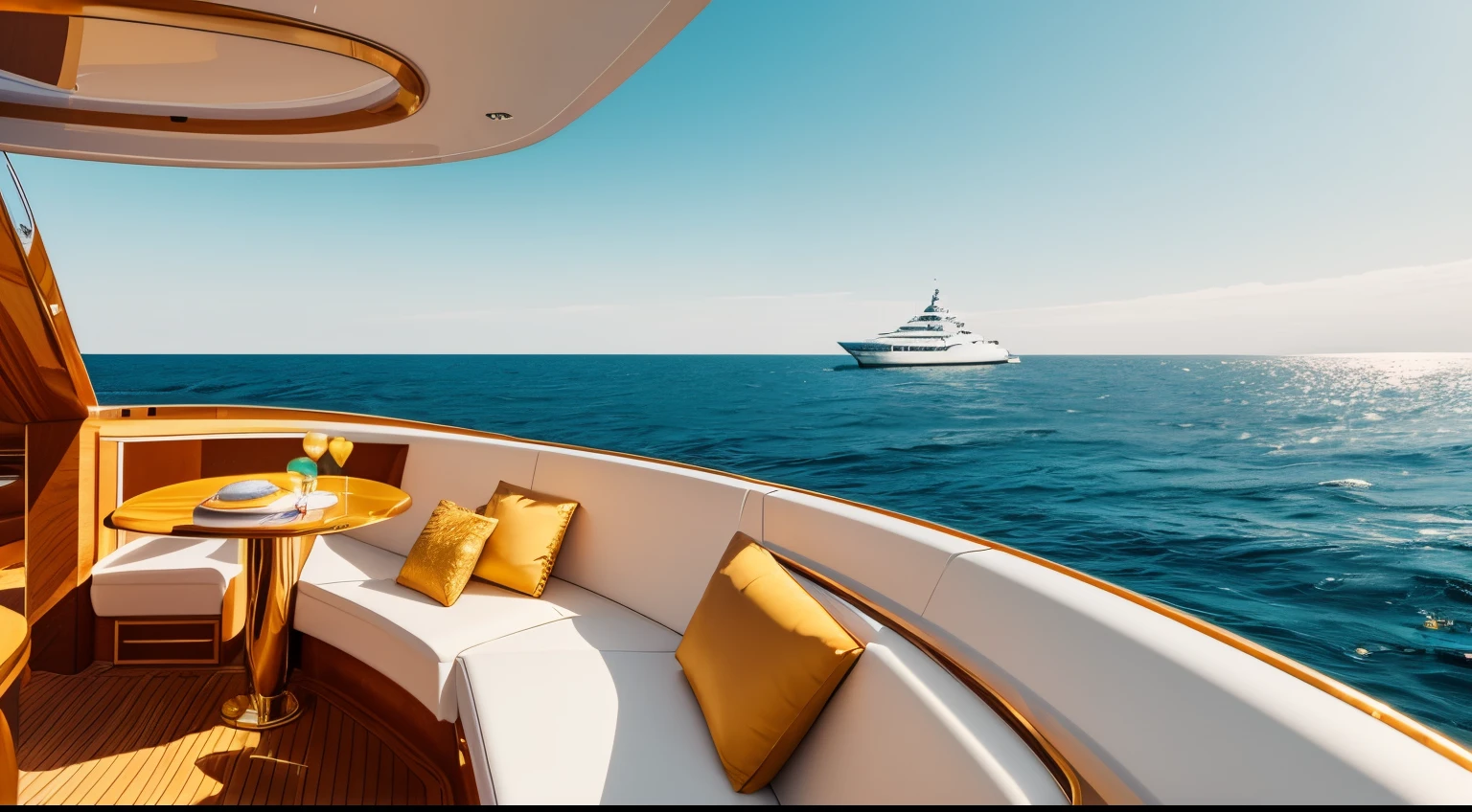 golden yacht, photo of complete yacht, there is a golden helicopter near the yacht