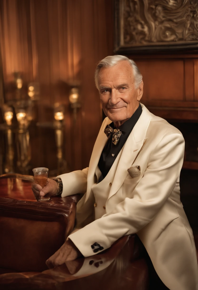 A photo of a luxurious cigar lounge,original,Hugh Hefner, the founder of Playboy magazine, was known for his distinctive appearance: often clad in luxurious silk pajamas or a smoking jacket, paired with a sailor’s cap or a smoking pipe, projecting an image of casual opulence. He maintained a well-groomed look with his hair neatly combed back, and later in life, he was recognized by his mature, yet charming demeanor., male