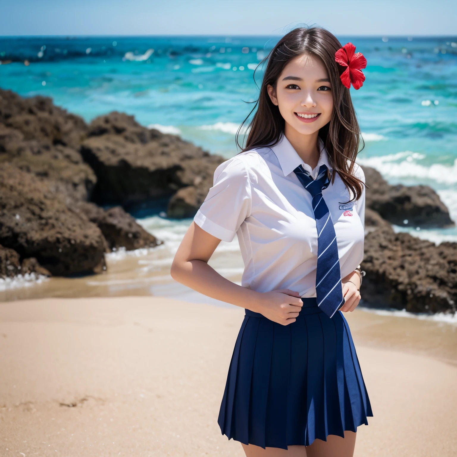 ((top-quality、masutepiece、8K、Top image quality、Highly complex and detailed depictions))、(1 photo:1.5)、(1 girl:1.3)、The biggest smile staring at the camera、Beautiful beach、(Red hibiscus hair ornament:1.2)、whiteshirt、navy pleats skirt、high-school uniform、large full breasts、Emphasize body lines、Glamorous body、Hair swaying in the wind、sand beach、beautiful ocean、Recreate the perfect details of a deserted island、Crystal clear and sparkling sea、Complex sea glow、Depicts beautiful sea details、Brightly lit face