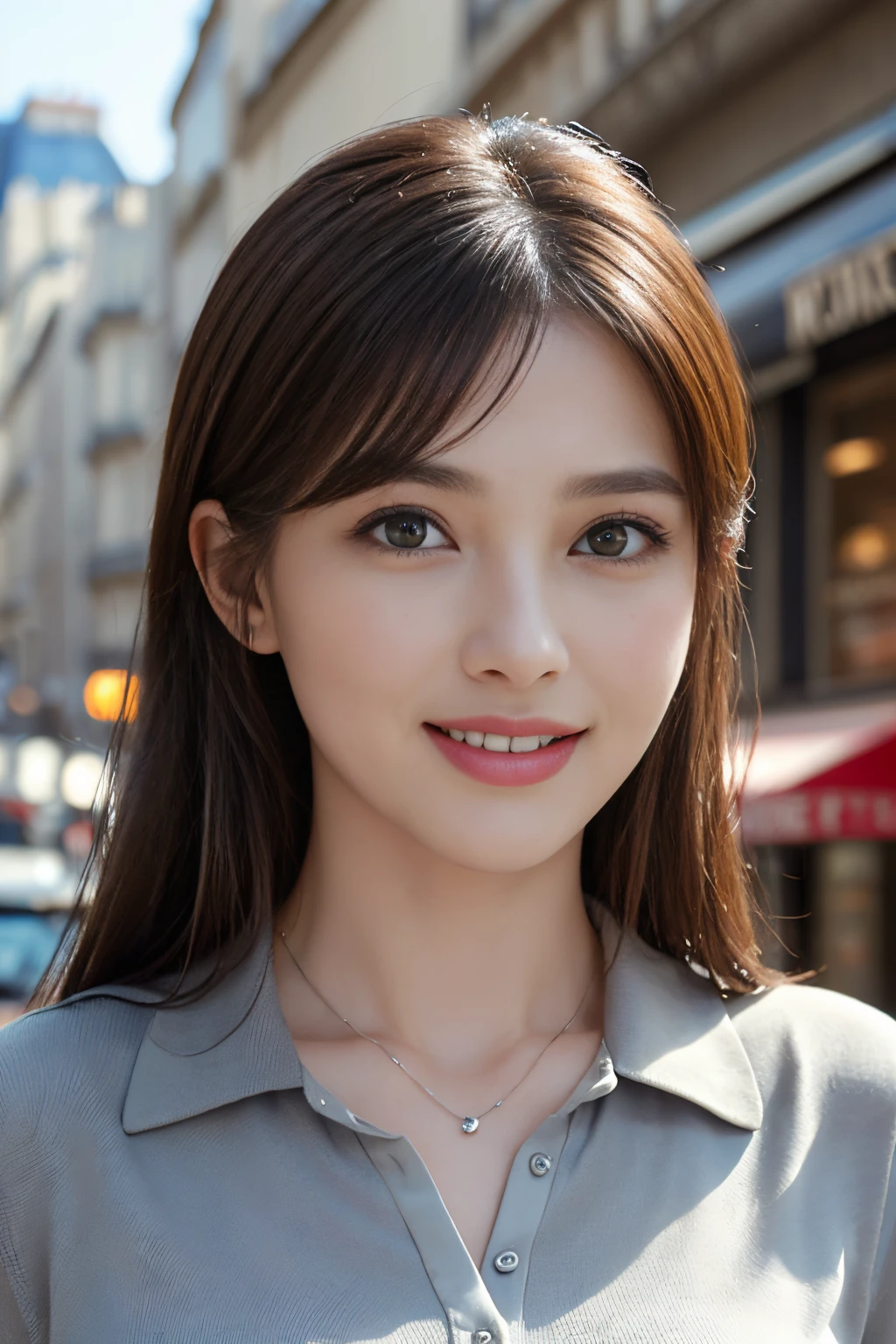 ((Downtown Paris、Realistic light、top-quality、8K、masterpiece:1.3))、1girl in、A slight smil、Slim Beauty:1.4、dark brown hair、Grey Polo Shirt、Red bean-colored long skirt、Thin Silver Necklace、A detailed eye、zoomout、Beautiful Jewish woman、show teeth、((facing front:1.3))、Thick lip