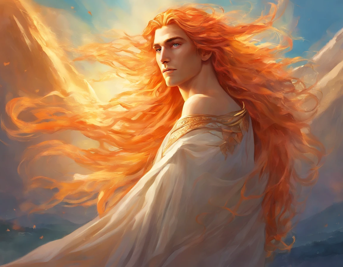 A Greek god with long, orange hair basking in the warmth of the sun. (best quality, highres), vibrant colors, detailed facial features, flowing locks, radiant sunlight, ethereal aura, godly presence, mythical beauty.