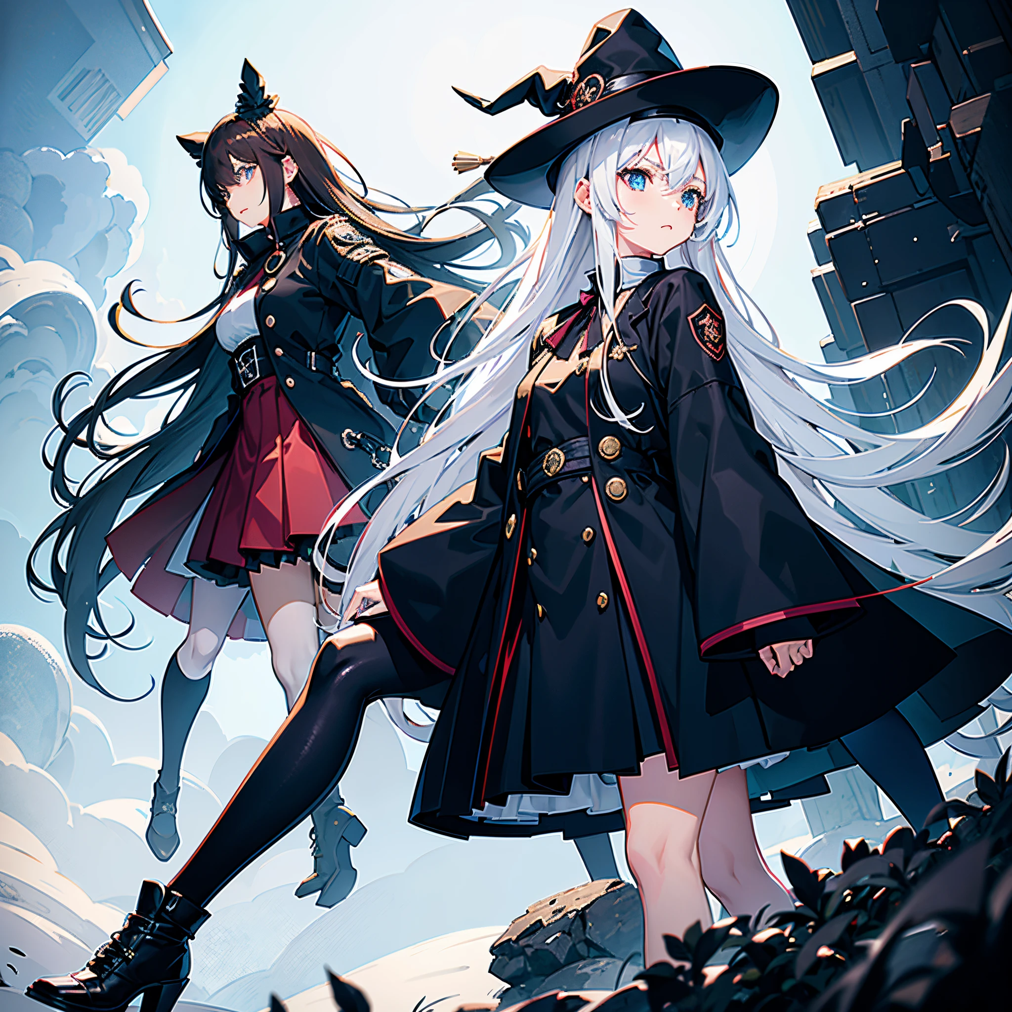 Tokyo at midnight、Two adult women armed with assault rifles、One has white hair and wears a large black witch hat with sapphire accessories.、The other has dark brown hair and wears a large black witch hat with garnet accessories.、blue eyes、black wizard coat、White plain gym clothes、Black miniskirt、black sneakers with white laces、Black High Socks、Two-dimensional illustration、Japan Anime、drawn by Japanese ilastrator、high-level image quality、4K picture quality、High Quality、hight resolution、5 million pixels、high détails、beatiful backgrounds
