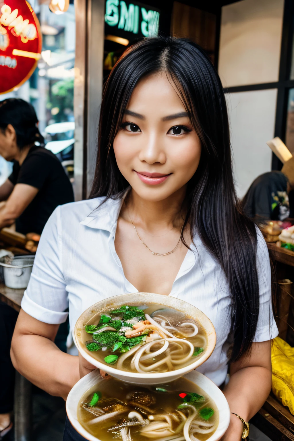 (8K, Ultra high res:1.1) Nguyen, a Vietnamese woman in her 30s, enjoys a delightful street food experience. She savors a bowl of steaming pho, a popular Vietnamese dish, while wearing a casual yet stylish outfit. Nguyen's captivating brown eyes, flawless complexion, and long black hair are highlighted in the high-resolution image. The vibrant street food stall and the mouthwatering aroma of Vietnamese cuisine add to the lively atmosphere, creating a visually captivating representation of Nguyen's love for Vietnamese culinary delights.