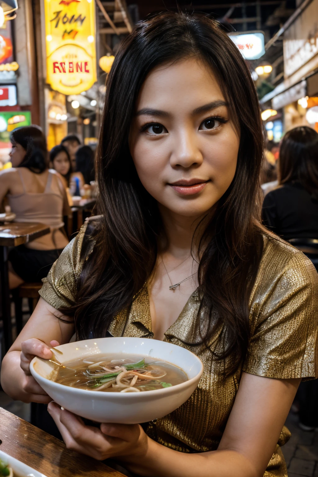 (8K, Ultra high res:1.1) Nguyen, a Vietnamese woman in her 30s, enjoys a delightful street food experience. She savors a bowl of steaming pho, a popular Vietnamese dish, while wearing a casual yet stylish outfit. Nguyen's captivating brown eyes, flawless complexion, and long black hair are highlighted in the high-resolution image. The vibrant street food stall and the mouthwatering aroma of Vietnamese cuisine add to the lively atmosphere, creating a visually captivating representation of Nguyen's love for Vietnamese culinary delights.