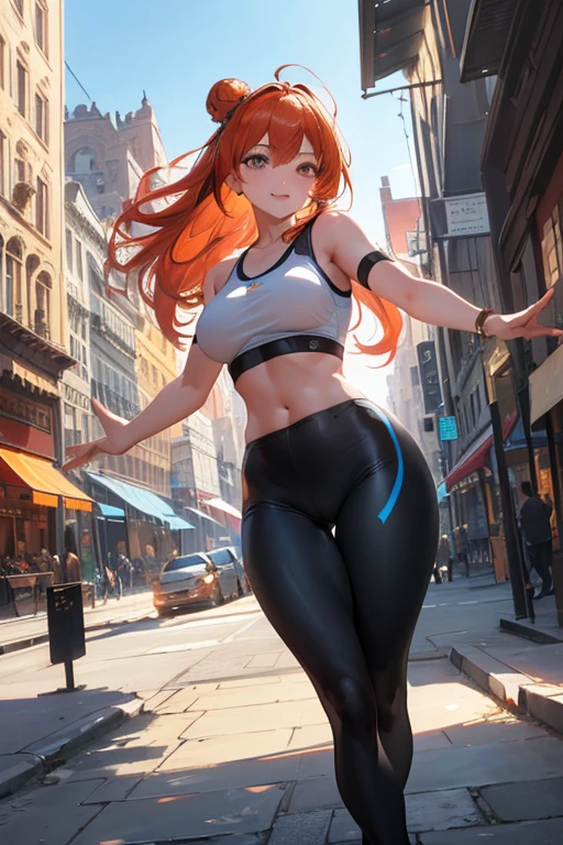 (Medium: oil painting), (ultra-detailed), (photorealistic:1.37), vibrant colors, sunlight, serene atmosphere, bustling streets, trees, buildings, shadows, architecture, confident posture, (intense gaze), long eyelashes, (beautiful detailed eyes), (natural makeup:1.1), (subtle smile), (graceful movements), (dynamic composition), (harmonious color palette), (urban landscape), (lively street scene), (captivating energy), (impressive perspective), (dramatic lighting), (professional artistry), (impeccable brushwork), (exquisite detailing), (meticulous attention to texture), (visually stunning), (evokes a sense of awe), (unique and engaging), (captivating and thought-provoking), (skillful use of light and shadow), (skillful depiction of depth), (impressive balance and harmony), (invokes a feeling of nostalgia), (conveys a sense of joy and freedom), (creates a sense of wonder), (evokes a feeling of excitement), (transports the viewer to another world). (masterpiece), best quality, expressive eyes, perfect face, girl, orange hair bun,wearing white sport bra, leggings,