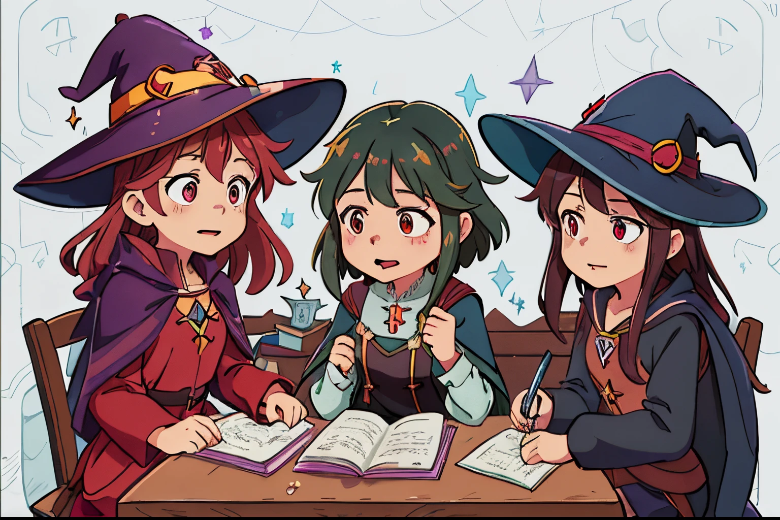 three girls in witches hats sitting at a table with books, witch academia, little witch academia, mages, magical school, casting spells, witchcraft!, witches, roleplaying, magic school, from cryptid academia, megumin, ddlc, cunning expression, roleplaying game art, colorful spells, cute art style, official fanart, spells practice, dark academia