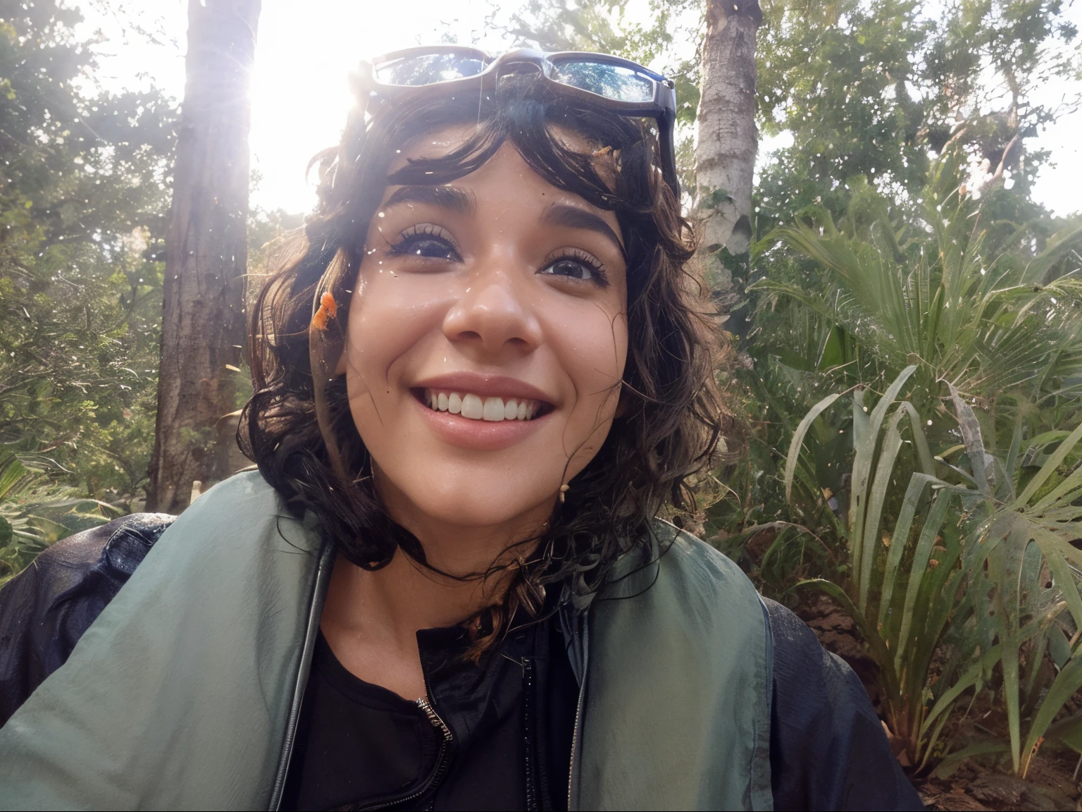 a 3d movie poster in Disney-Pixar tall brown woman with damp, curly blue hair and brown eyes with snorkel on her head and smiling
