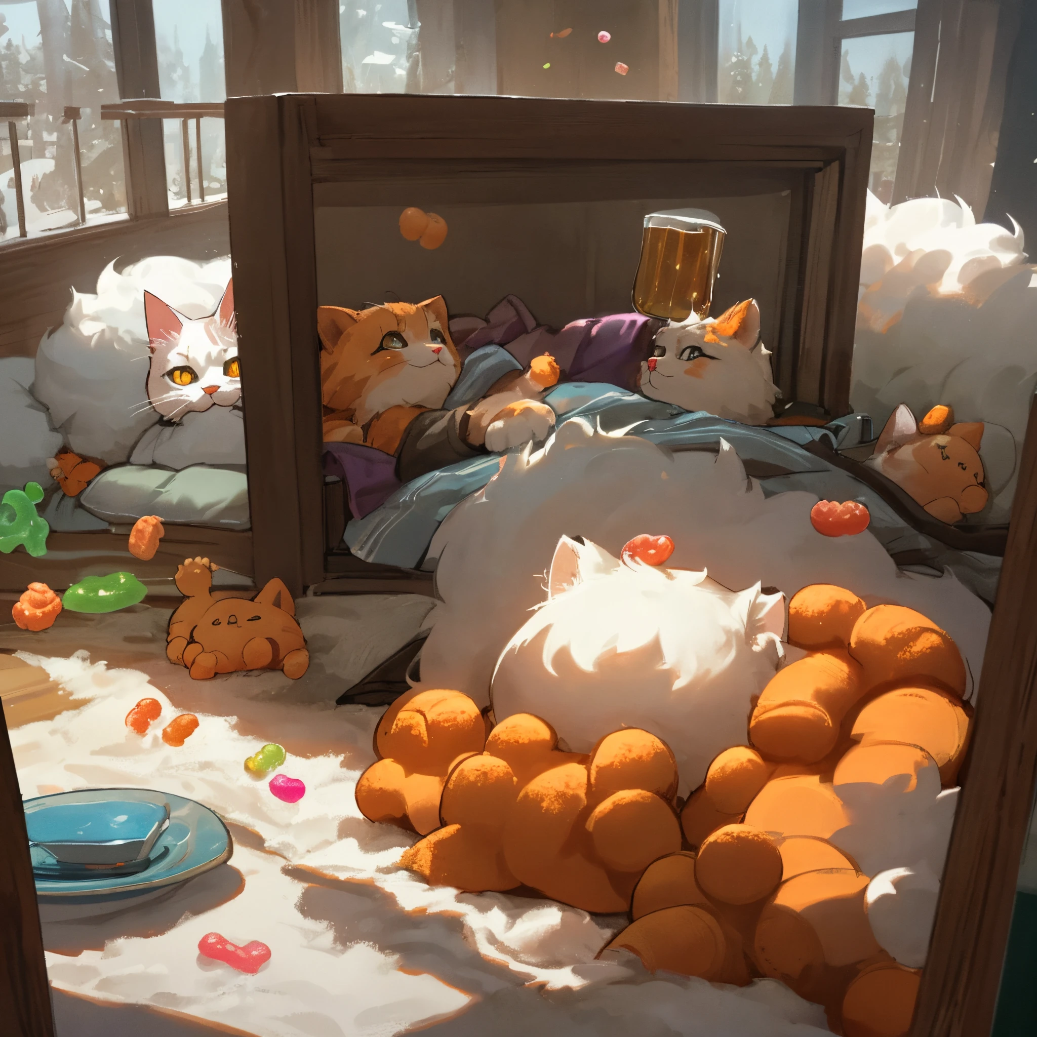 That's quite the imaginative scene! While I can't create images, I can certainly help you visualize it through words. Imagine a content cat lounging in a cozy bed, its fluffy belly adorned with a light dusting of Cheeto crumbs. In its paw, a small beer bottle, and nearby, a plate with gummy worms. The room is filled with a laid-back, quirky atmosphere.