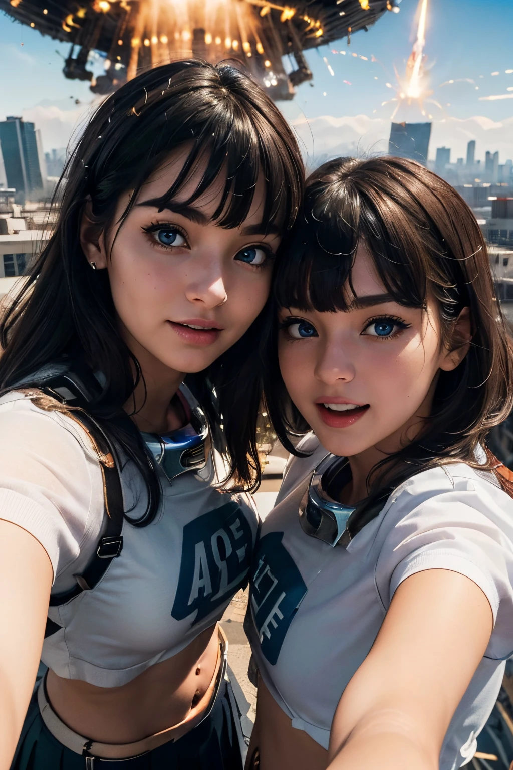 (tmasterpiece, best quality:1.2),(high_resolution:1.2),(ultra details:1.2),extreme quality,sharp focus,(bright colors:1.3), (((2 beautiful school girls taking face selfie instagram photo))), expression of surprise face, smile, scream,(white hair), (bangs:1.5), blue eyes,(shining eyes,highly detailed eyes),long eyelashes,thin eyebrows, (((point finger to blue sky background),(mothership UFO to destroy explosion the city))), standing on roof of the building,from below, from behind, face zoom up