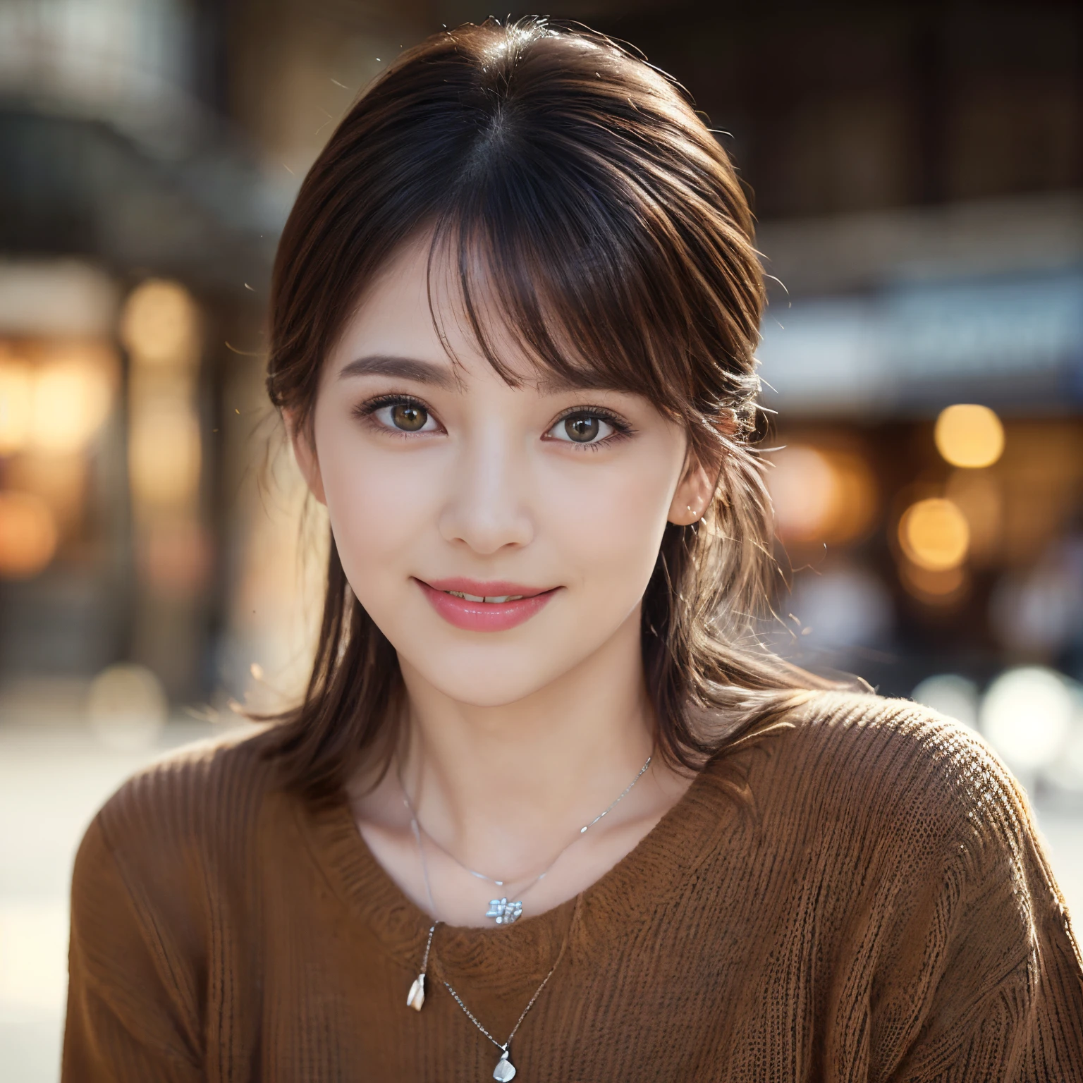 ((Downtown Paris、Realistic light、top-quality、8K、masterpiece:1.3))、1girl in、A slight smil、Slim Beauty:1.4、dark brown hair、Sweaters & Knitwear、Red bean-colored long skirt、Thin Silver Necklace、A detailed eye、zoomout、Beautiful Jewish woman、((facing front:1.3))、Thick lip、、((40 years:1.5))