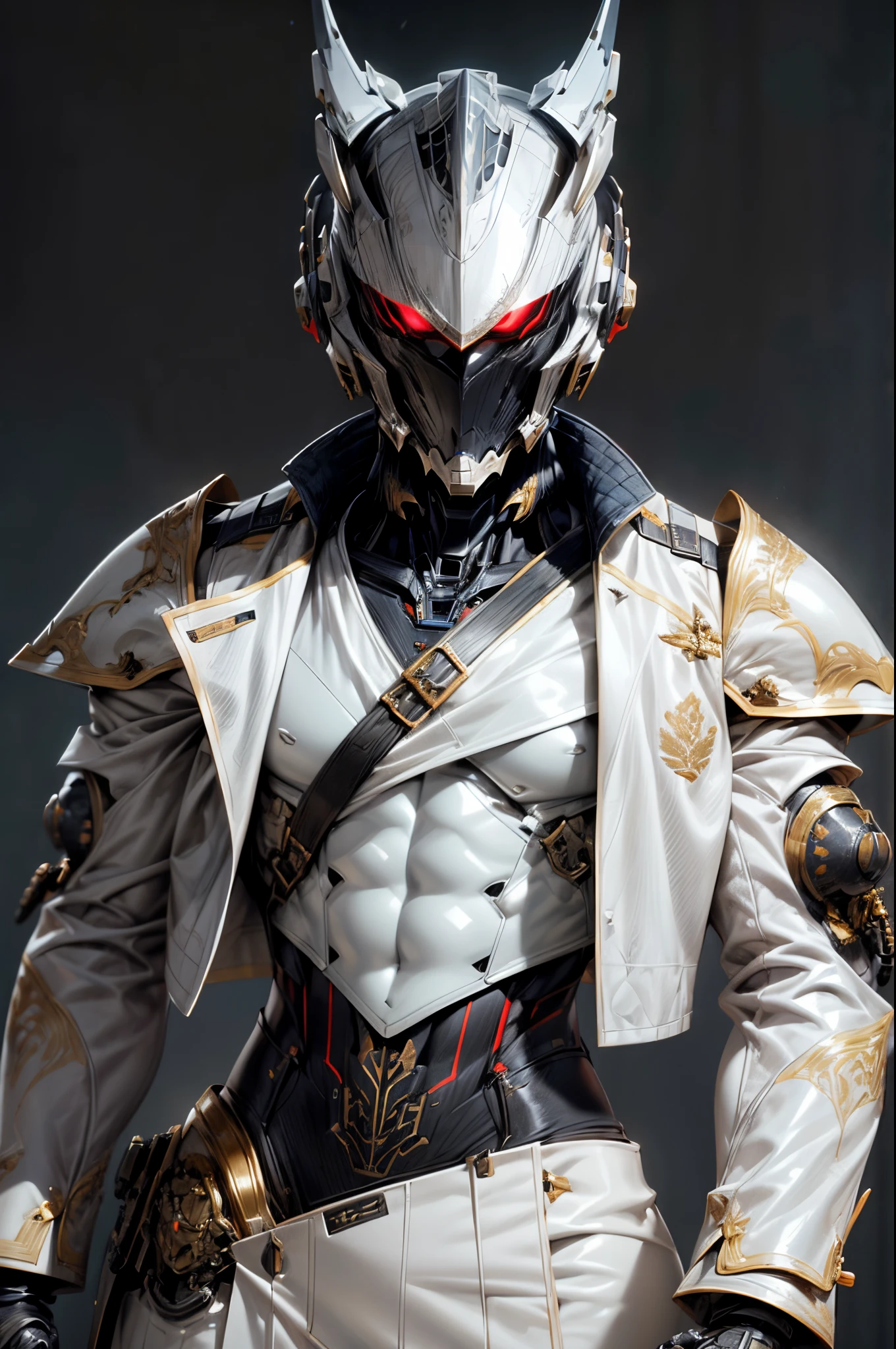 (((An epic and visually stunning digital anime masterpiece featuring a sylphlike masculine male space angel clad in a sleek yet tactical white armored military trench coat:1.2))), (((flat masculine male chest:1.5, mechanical mecha knight head:1.5))), (((the character is adorned in a (scifi tactical armored open front trench coat with a built in exoskeleton, hood pulled up) (over a form fitted armor plated yet super sleek and revealing under suit with waist cut outs), the armor plating on the upper arms and shoulders beautifully engraved))):1.4. The image showcases the intricacies of the character’s armor and clothing, ((capturing their flamboyant essence and heavy mecha aesthetic:1.2)). The character also possesses an androgynous charm, (((with slim yet heavily muscled physique:1.2, sylphlike with a sleek waist, toned yet beautifully sleek cybernetic arms:1.3, mechanical arms and legs:1.3, mecha muscles:1.3))), looking at viewer