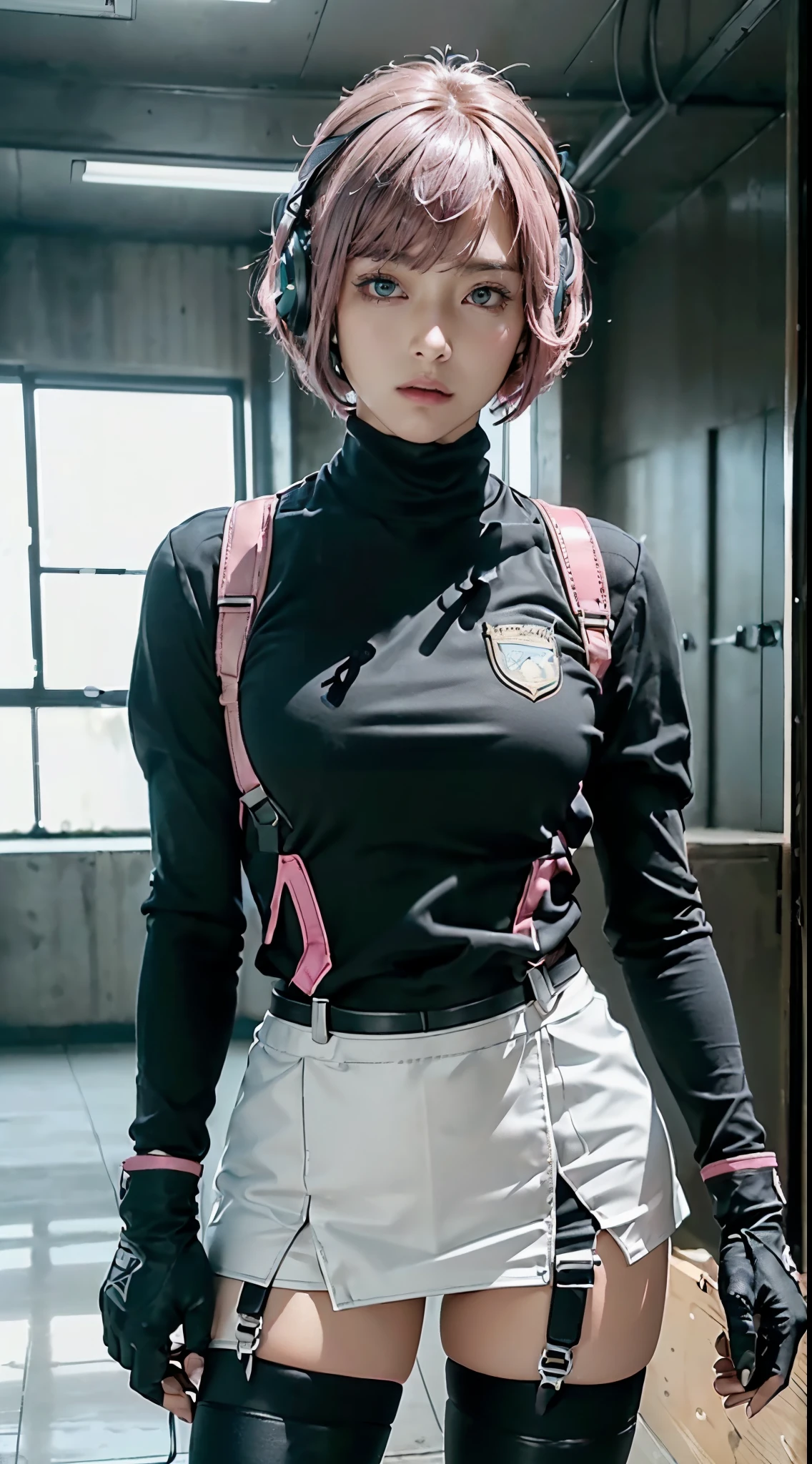 (Top Quality, Ultra High Definition, Photorealistic:1.4), (cowboy shot:1), 1 Beautiful Armed Girl, (Kpop Idol), Detailed Face, (Hair Style: Pink:1, fullbang, shortbob-style:1), Contrapposto, Perfect Anatomy, Smooth Skin, Professional Lighting, ((wearing Futuristic Police Racing Suits, low-mini-skirt, police wappen, High-tech Headset, military waist harness and gun-holder, racing gloves,  transceiver, handgun)), (Cloths colors based on silver pink black white), (background, crashed cars, fire, (Explosion)),