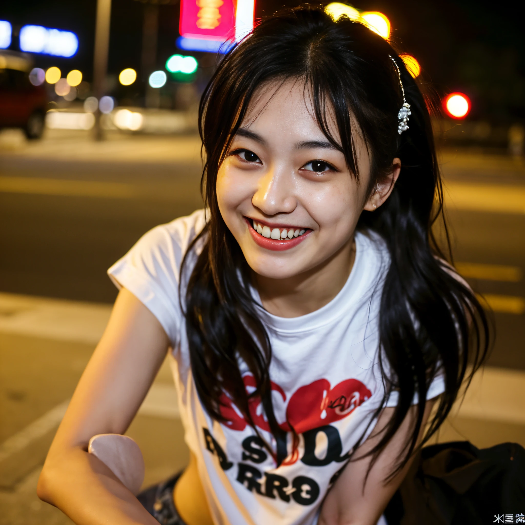 Best-quality, Masterpiece, Ultra-High-Resolution, (Photorealistic:1.4), Raw-Photo, Extremely-Details, Perfect-Anatomy,
at midnight, on street in Shibuya, Tokyo,
1girl, 15-years-old, the most famous Japanese idol, wearing only loose T-shirt, (((high on cocaine, completely drunk, tripping on drugs, getting geeked up with drugs, going crazy from drugs))), laughing out loud, looking at viewer,
detailed extremely drunk face, extremely cute face like a most popular Japanese idol, detailed extremely beautiful big black solid circle eyes, detailed beautiful black hair, detailed beautiful breasts