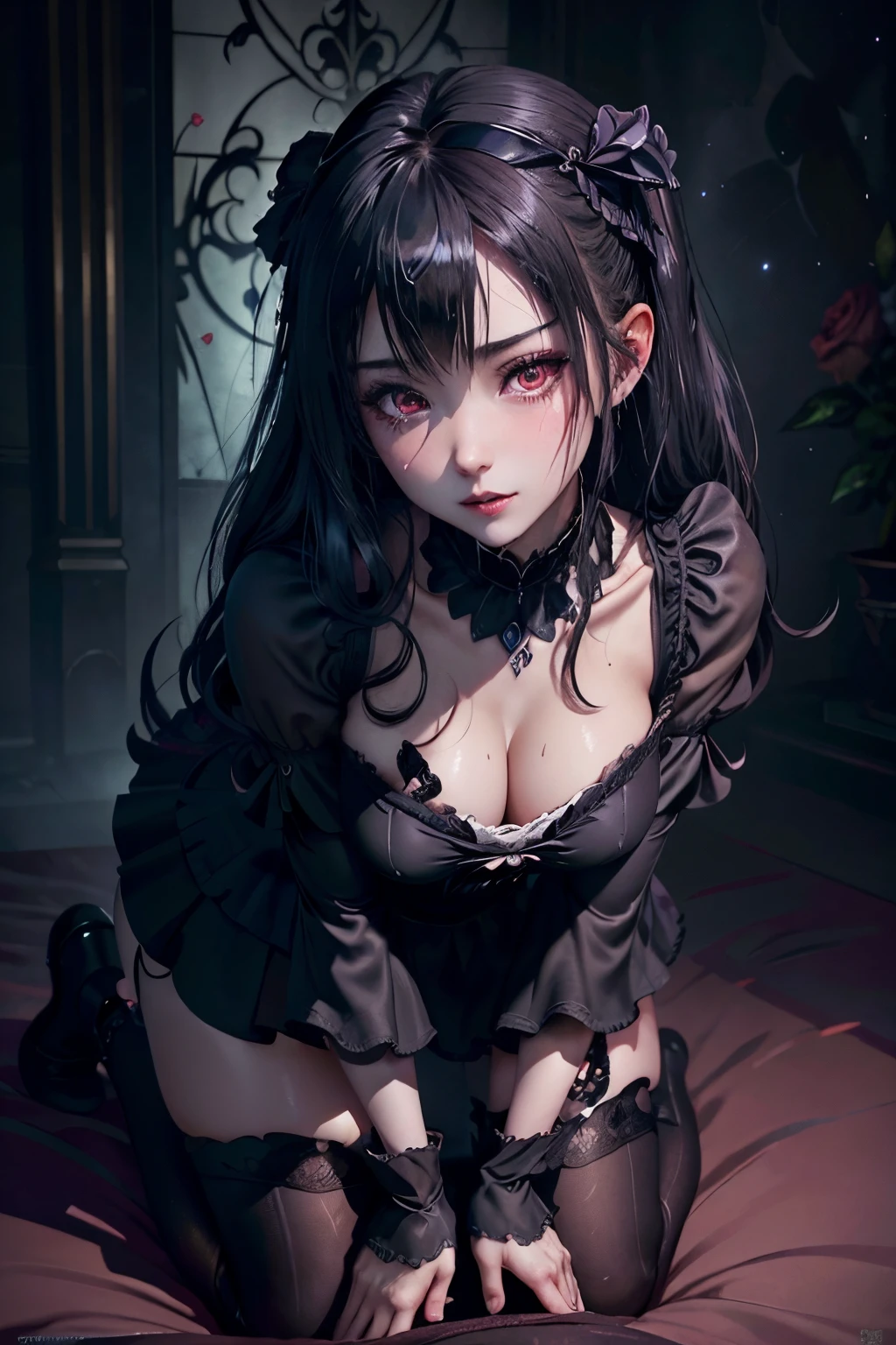 Hard Dark Gothic Makeup、Maniacal、Deep night sky、horor、Black Dark Eyeshadow、crying how bright、mourn、Good skin luster、Long hair straight hair、Dark Gothic Makeup、Dark smile、Restless Palace、Expressions of sexual arousal、Fragrant beauty、22year old、Lying、seductiv、Strong sexual pleasure facial expressions、A look of shame、Dark Gothic、Gothic ta、bell sleeves、Wizard Sleeve、Obscene look、Stained glass background、masutepiece、Best Quality、Refers to 5 books、Sweat glitters on my chest、Expression of sexual pleasure in anguish、Drunken face、maid clothes、Mysterious、noble、Face holding back the toilet、Flirty gothic lolithes、the body is wet and shiny、Transcendent sex appeal、Lots of glitter on the thighs、I'm sweating a lot、Affectionate smile、twin-tail hair、my thighs are extremely wet、Jet black ruffled skirt、Shaded、Blue eyes on the right, red eyes on the left、Gothic bed covered with roses、Transcendent Bewitching Pose、all fours pose、Gravure photography、arch your back、stick out buttocks、Close your eyes and sleep、Pose、crawl on all fours、doggy style pose on bed、knee high socks、thigh-high socks、Sticky and profuse sweat on the thighs、Tons of sticky shiny thighs、Sweat shining generously on the thighs、The whole body is shiny with sweat、Glamour、A sexy、platform heel shoes、Quite sweaty、My thighs are sweaty、mysterious dark makeup、Chest size is modest、black lipstick、Heavy dark gothic long dress、Thighs are more glamorous、dark pink hair、stain glass、black metal world、open your legs sloppily、