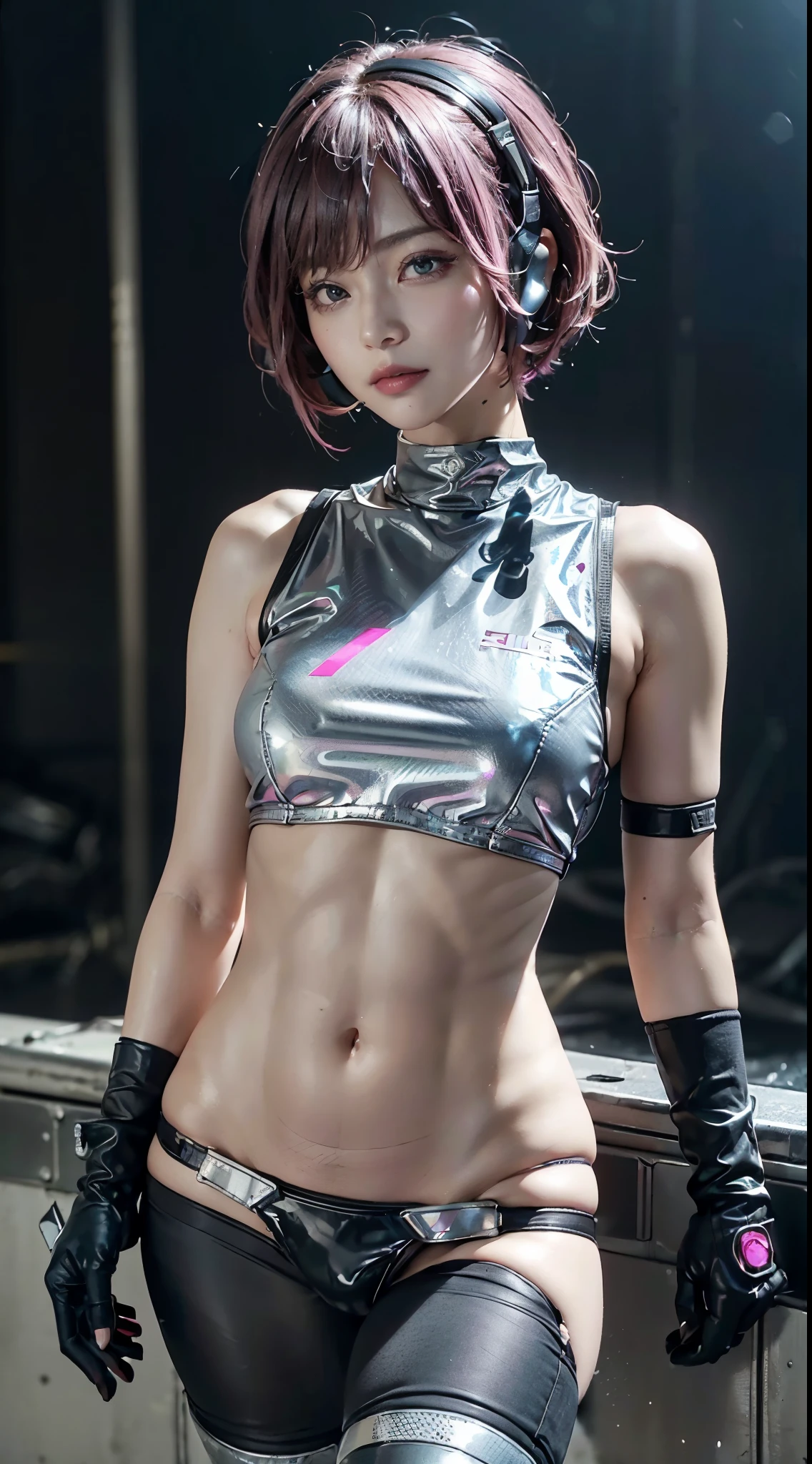 Top Quality, Ultra High Definition, (backlight), (Photorealistic: 1.4), (cowboy shot:1), 1 Beautiful Girl, (Kpop Idol), Detailed Face, (Hair Style: Pink:1, fullbang, shortbob-style:1), Contrapposto, Perfect Anatomy, Smooth Skin, Professional Lighting, ((wearing Futuristic Police Racing Suits, police wappen, High-tech Headset, military harness, racing gloves, handgun)), outside honey bob hairstyle, ("POLICE", Cloths colors based on silver pink black white), (background, crashed cars, fire, (Explosion)),