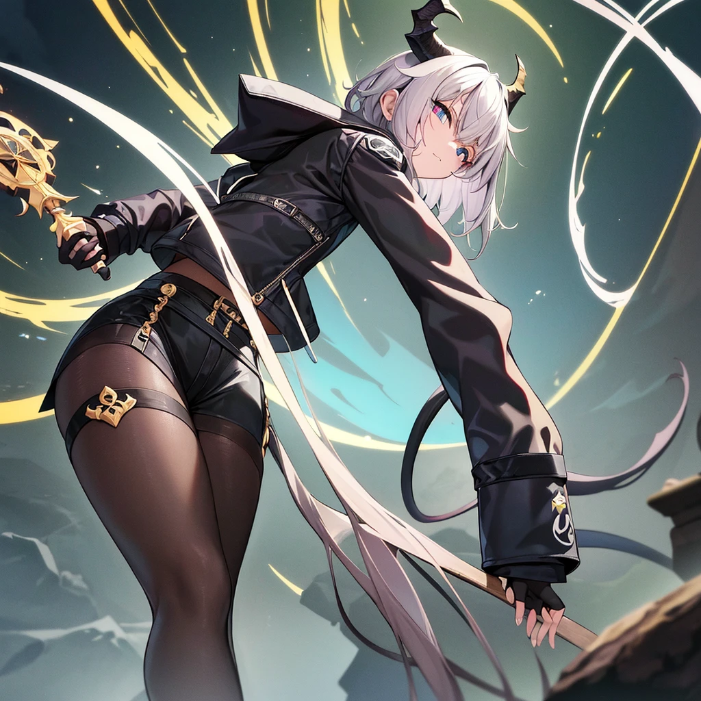 (melhor qualidade: 1.0), (super high res: 1.0), 1girl, personagem extremamente detalhado, detailed hands, Half-dragon girl, chifres, Dragon horns, Girl with black dragon tail, Black dragon tail, Cabelo extremamente detalhado, cabelo curto, ((short hair)), ((cabelos brancos)), ((Dicas de cor preta)), olhos extremamente detalhados, olho com cores diferentes, Heterocromia, Olho direito de cor branca, Olho esquerdo de cor preta, dragon eyes, 2D, Arte de Anime, ((barnet)), ((corpo inteiro)), standing on her feet, medieval, RPG, pequena, baixa, (Altura Pequena), peitos pequenos, (adolescente), olhar morto, grim expression, preocupado, look of tiredness, camisa de manga comprida, Black jacket, brincos de estrela + Branco, vestido longo medieval + preto, pantyhose + black + white, salto alto