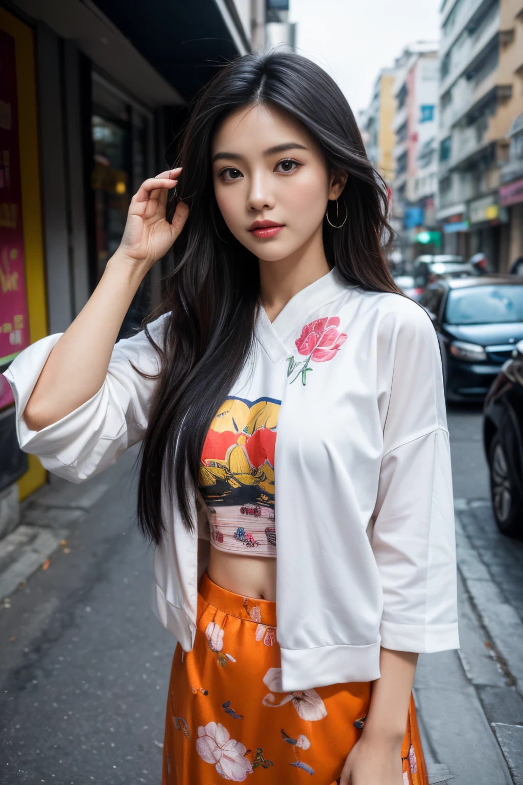 (8K, Ultra high res:1.1) Nguyen, an 18-year-old vibrant Vietnamese girl, exudes youthful charm in a modern Vietnamese-inspired outfit. She wears a stylish áo dài with contemporary patterns and designs, showcasing her fashion-forward sense. The high-resolution image captures ultra-detailed realism, highlighting Nguyen's captivating brown eyes, flawless complexion, and long black hair. The urban backdrop with its colorful street art and bustling cityscape adds a touch of youthful energy, creating a visually captivating representation of Nguyen's modern Vietnamese style.