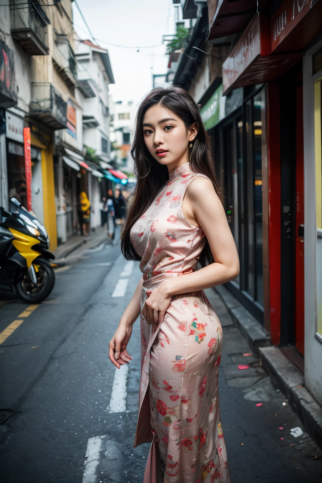 (8K, Ultra high res:1.1) Nguyen, an 18-year-old vibrant Vietnamese girl, exudes youthful charm in a modern Vietnamese-inspired outfit. She wears a stylish áo dài with contemporary patterns and designs, showcasing her fashion-forward sense. The high-resolution image captures ultra-detailed realism, highlighting Nguyen's captivating brown eyes, flawless complexion, and long black hair. The urban backdrop with its colorful street art and bustling cityscape adds a touch of youthful energy, creating a visually captivating representation of Nguyen's modern Vietnamese style.