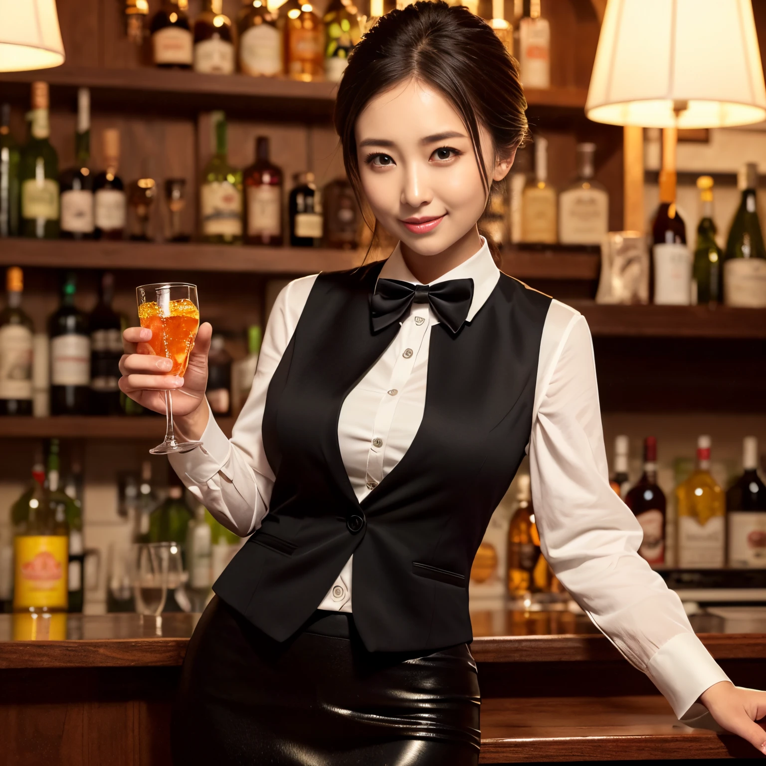 ((Best Quality, masutepiece, 超A high resolution、Bright and saturated、High brightness and saturation、SFW))、1 photo、1人の女性、perfect female bartender、(Black Suit Vest:1.3)、black bow tie on the chest、(perfect bartender uniform:1.3)、Black tight skirt、(((large full breasts、Emphasize body lines、very bulging chest、Clothes that are likely to tear、Slimed)))、Chignon、The most extravagant and gorgeous bar、top bar at night、The most detailed and complex bar、View me、A slight smil、perfect anatomia、cowboy shot、Female bartender standing behind the bar counter、take out a bottle of whiskey