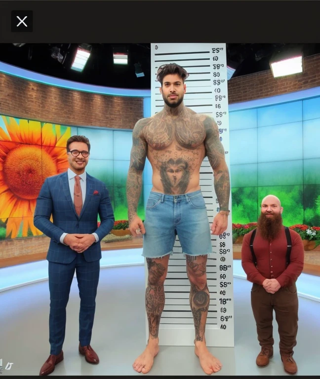 arafed man with a beard and a man in a suit standing next to a tall man, full body greg rutkowski, tall and muscular, full-body tattoos, full - body tattoos
