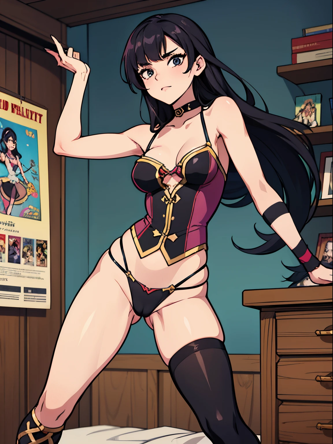 Female Pirate、being thin、Raise one leg high like a ballet dancer、A woman who seduces by sticking out her crotch、A dark-haired、Sexy cartoons、、comic book style