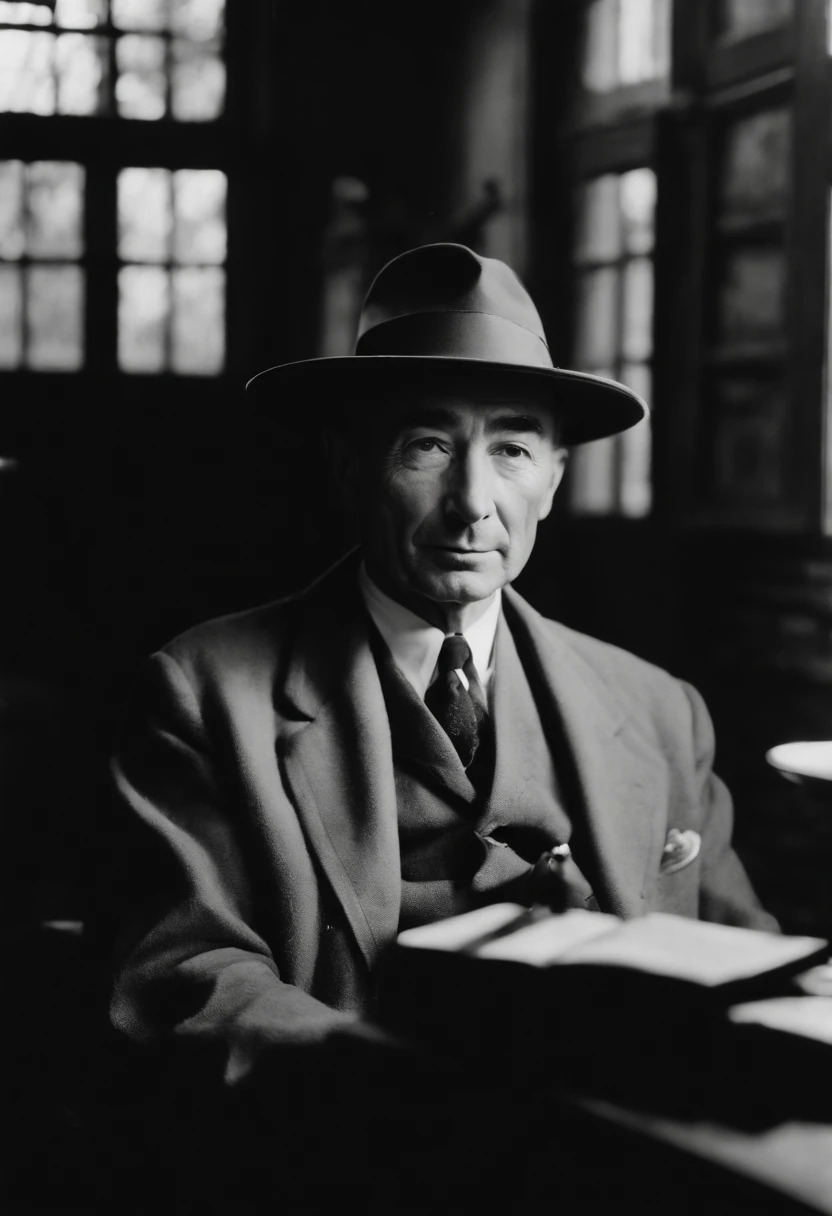 A photo of Oppenheimer sitting in a traditional teahouse, sipping on matcha and engaging in a philosophical dialogue with a Zen master.,World War II,J. Robert Oppenheimer was a slender, sharp-featured man, often seen with a cigarette in hand, which complemented his contemplative demeanor. He had deep-set eyes and a prominent nose, which, alongside his habitual wearing of a pork pie hat, gave him a distinctive silhouette., male