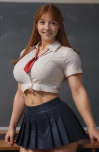 Viewed from above, dtamatic lighting, 12 year old Ms Olympia giant Peggy Bundy,  massive breasts, .photoshoot studio quality lighting, heavily muscled iffb pro female bodybuilder , humongous muscular chest,((school uniforms:1.4)) ( ((high school)),((white shirt)), ((red tie)), ((dark blue latex skirt:1.3)) ((in the class room:1.3)) ((thin_fabric:1.4)) ((random pose:1.3)) ((sweaty:1.5))((face is flushed:1.4)) ((big muscles:1.4)) ((close-up:1.2)) best quality,masterpiece,ultra high res,(photorealistic:1.4),raw photo,(Authentic skin texture:1.3),(film grain:1.3),panorama,character portrait,very wide shot,narrow waist,cowboy shot,(in the dark, deep shadow, low key, cold light,) night,streaming tears,,dust,Tyndall effect,(expression),beautiful detailed eyes and face,white jabot,brown eyes,((ginger hair:1.2)) ((full body:1.3)) ((smile:1.3))