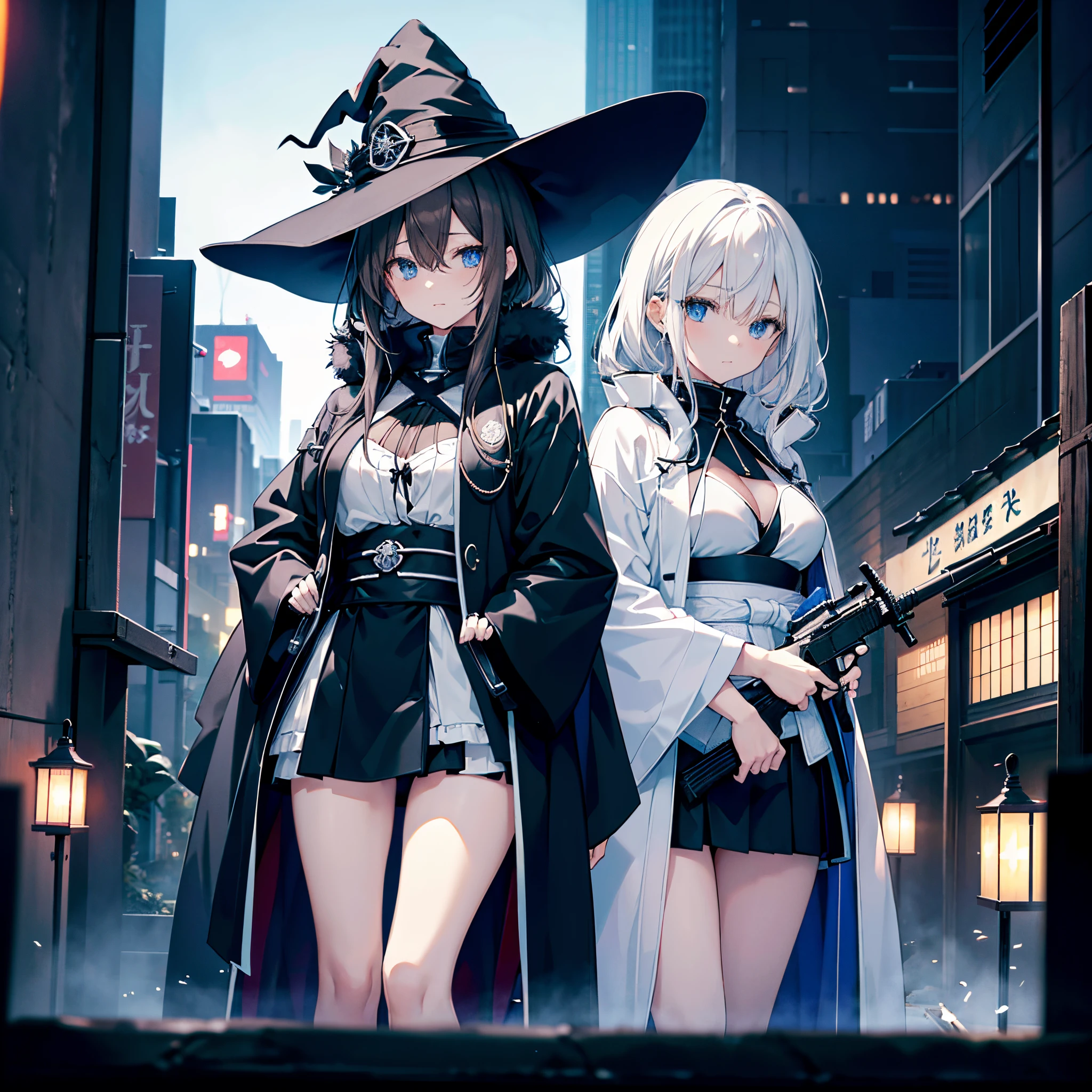 I'm on the roof of a building in Tokyo at midnight.、I can see the night view behind me、Night pool with a night view、two adult women holding assault rifles、1Person has white hair and wears a large black witch hat with sapphire accessories、The other has dark brown hair and wears a large black witch hat with garnet accessories.、witch's hat、blue eyes、black wizard coat、White Bikini Bra、Black miniskirt、black sneakers with white laces、Black High Socks、Two-dimensional illustration、Japan Anime、drawn by Japanese ilastrator、high-level image quality、4K picture quality、High Quality、hight resolution、5 million pixels、high détails、beatiful backgrounds