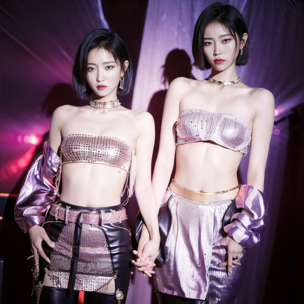 Best quality, masterpiece, ultra high res, (photorealistic:1.5), raw photo, Kpop idols performing on stage, naked, in the dark, deep shadow, low key, cold light, sexy look, short hair