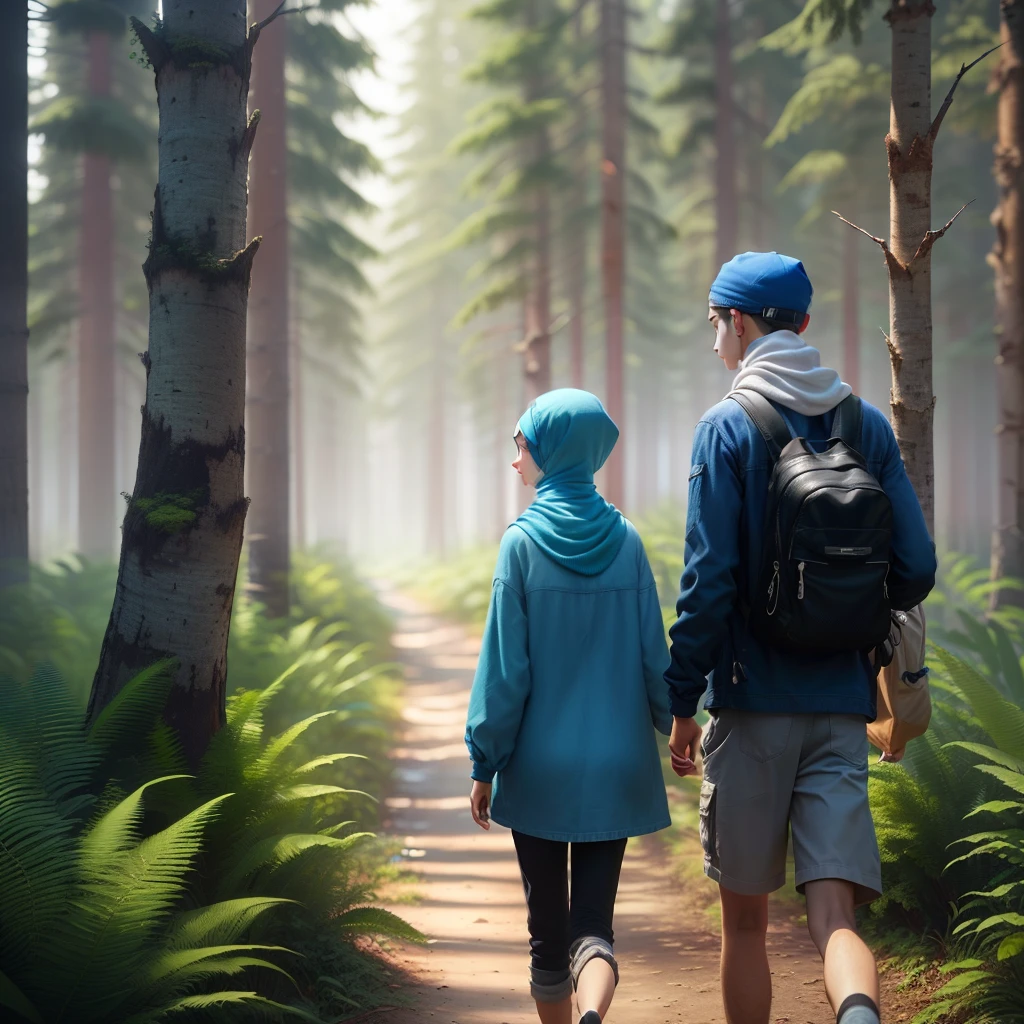“A boy and a girl with blurred faces, wearing a blue cap and a gray hijab, exploring a forest full of plants and animals, 3d animation” “A boy and a girl with blurred faces, wearing a blue cap and a gray hijab, exploring a forest full of plants and animals, 3d animation”