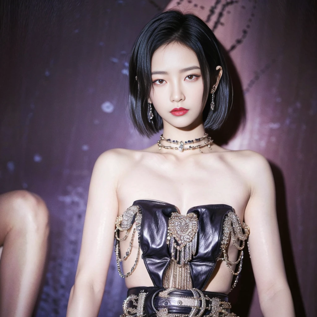 Best quality, masterpiece, ultra high res, (photorealistic:1.5), raw photo, Kpop idols performing on stage, naked, in the dark, deep shadow, low key, cold light, sexy look, short hair