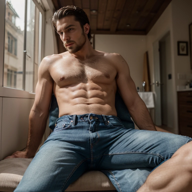 extremely detailed photo of a man wearing jeans with a short beard, elegante, corpo malhado, photoshoot modelo, 8k UHD, ultra detalhado, fotografia RAW