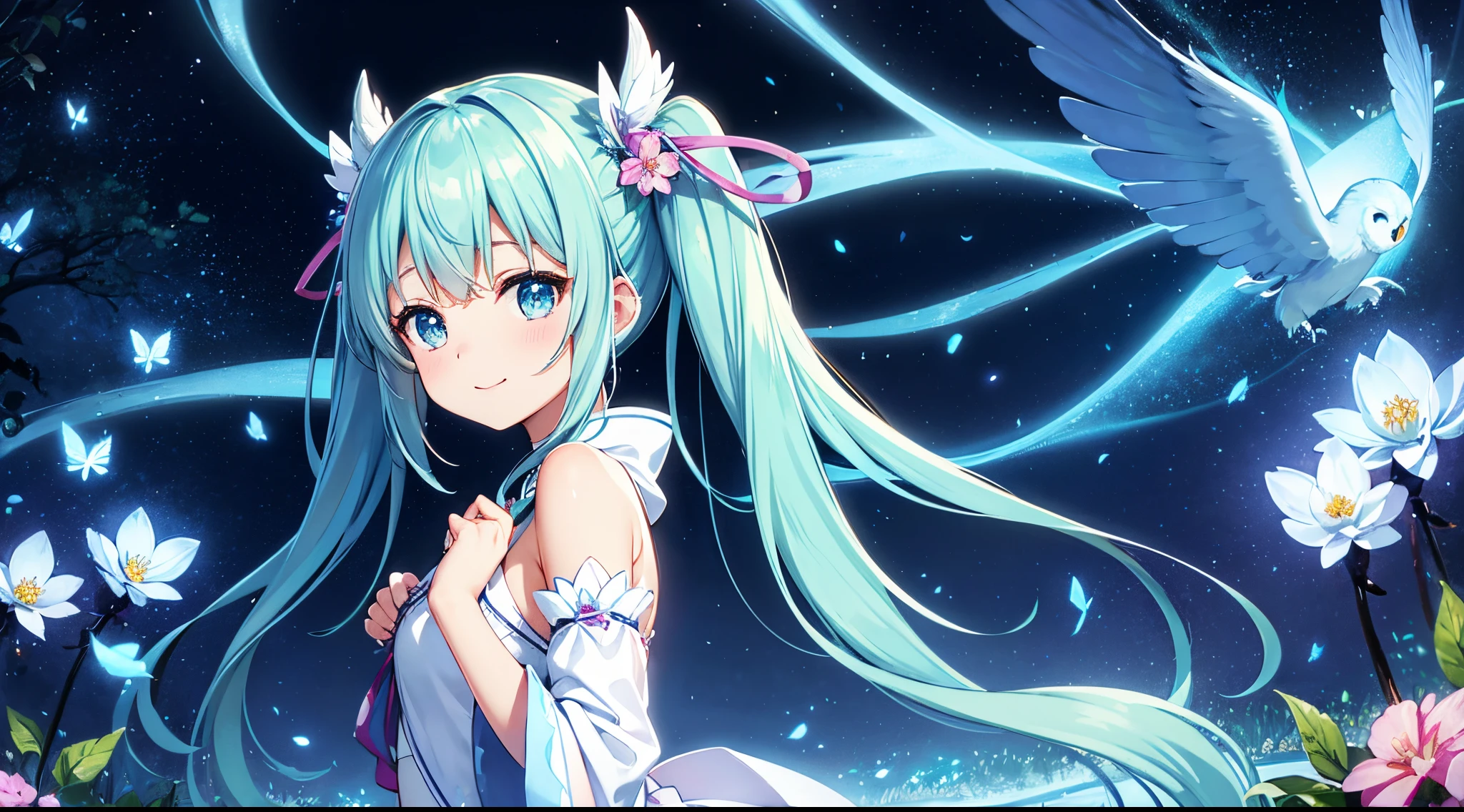 Dynamic Angle、 within a magical forest, a mystical fairy girl emerges, Light blue long hair、Hairstyle is Twintails、adorable smiling、Moonlight twinkle, flower bloom、A big pure white owl is flying、、The tree々While flapping its wings in the sparkling fireflies, Many beautiful flowers are blooming、fantastic landscape、A sky full of stars twinkles、 Creating a field where dreams and reality intersect,