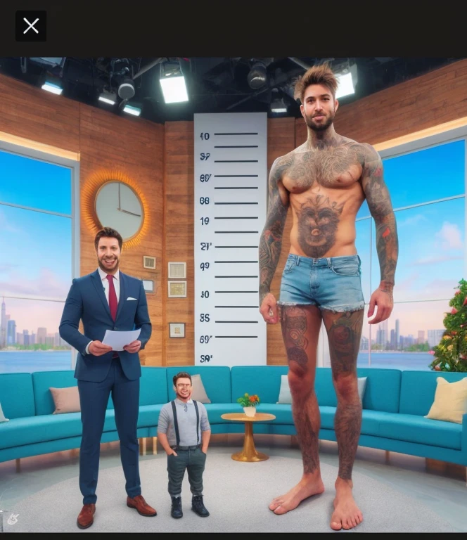 arafed man with a tattoo standing next to a man in a suit, photorealistic full body, 165 cm tall, the perfect human male specimen, entire body, 155 cm tall, full body greg rutkowski, full body picture, giant legs, real life size, tall and muscular