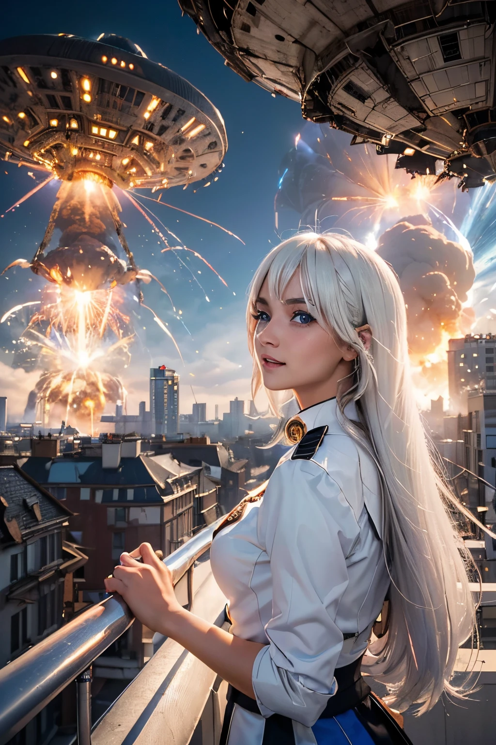 (((tmasterpiece))), (best quality), (highres), (ultra details), extreme quality, sharp focus, (bright colors), (((2 beautiful school girls taking face selfie instagram photo))), expression of surprise face, smile, scream, (((white hair))), (bangs), blue eyes, (shining eyes,highly detailed eyes), long eyelashes, thin eyebrows, (((point finger to blue sky background), (mothership UFO to destroy explosion the city))), standing on roof of the building, from below, from behind, face zoom up