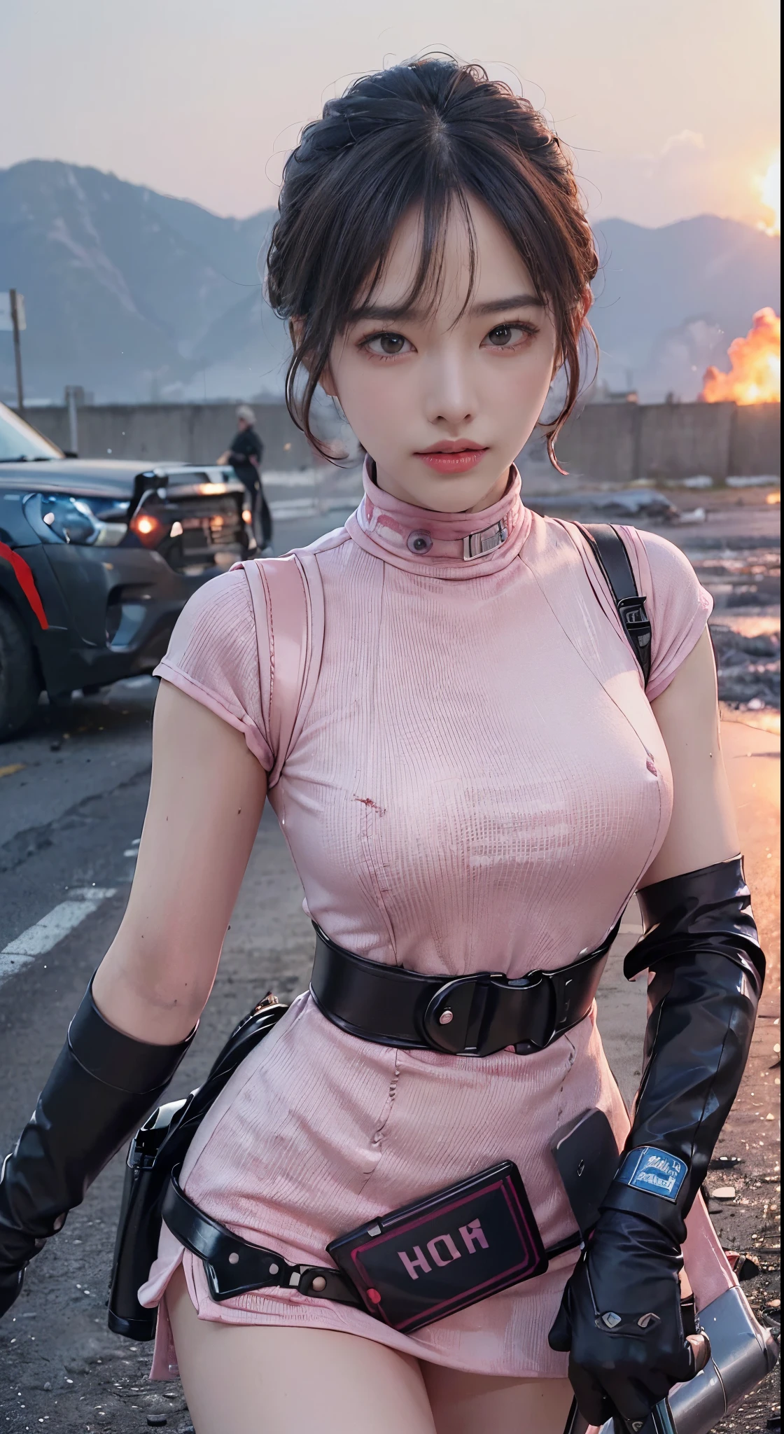 (Top Quality, Ultra High Definition, Photorealistic:1.4), (cowboy shot:1), 1 Beautiful Armed Girl, (Kpop Idol), Detailed Face, (Hair Style: Pink:1, fullbang, shortbob-style:1), Contrapposto, Perfect Anatomy, Smooth Skin, Professional Lighting, ((wearing Futuristic Police Racing Suits, low-mini-skirt, police wappen, High-tech Headset, military waist harness and gun-holder, racing gloves, transceiver, handgun)), (Cloths colors based on silver pink black white), (background, crashed cars, fire, (Explosion)),