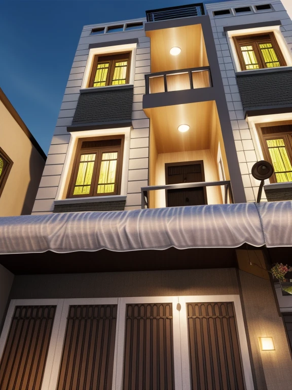 Realistic images, extremely detailed, a modern house,(((1 road in font of house))), large yard made by ceramic, (1 car), brick fence, lawn, a few small flowers, a road in front of the house, main materials of the house are white walls and red brick, Modern design, clear blue sky, sunrise light, light from inside, dynamic light,shimering light, cinematic light, romantic feeling, (((day light, warm light)))