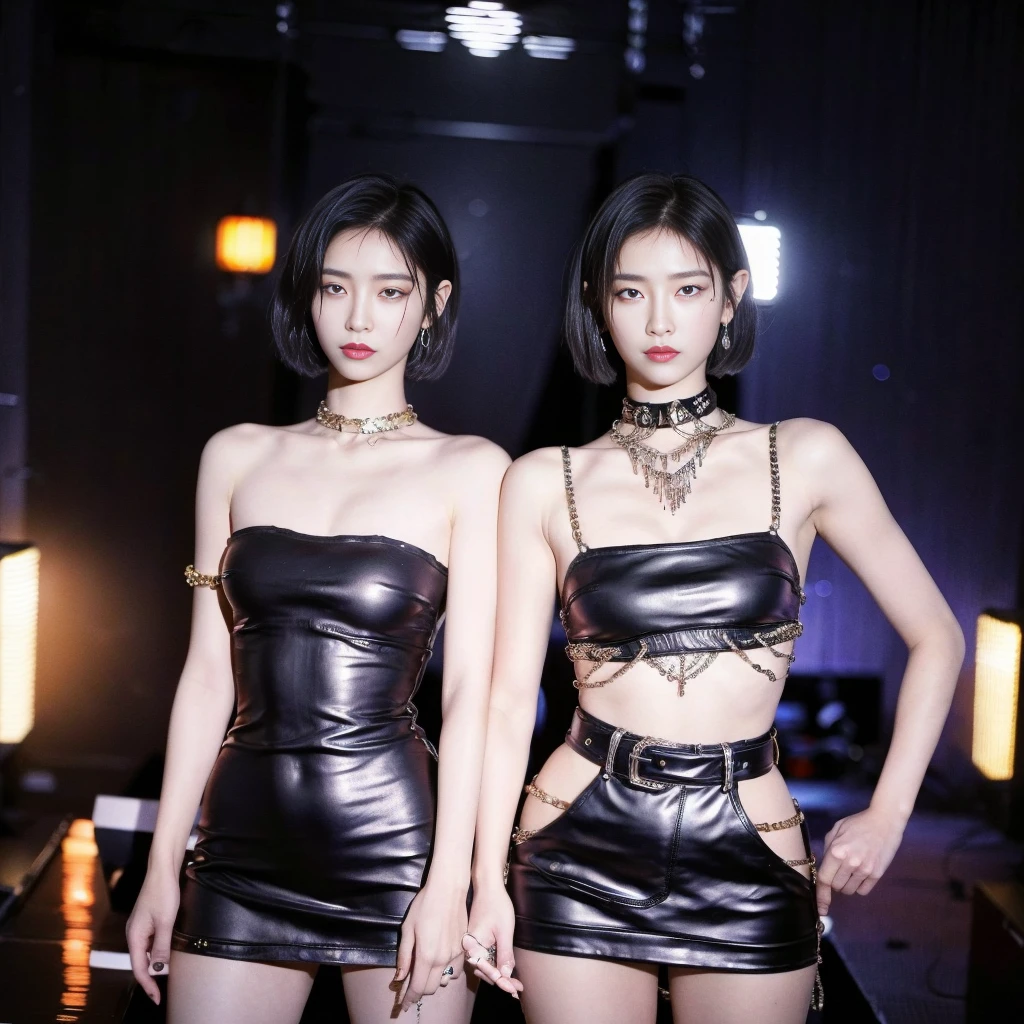 Best quality, masterpiece, ultra high res, (photorealistic:1.5), raw photo, Kpop idols performing on stage, black short tight dresses, in the dark, deep shadow, low key, cold light, sexy look, short hair