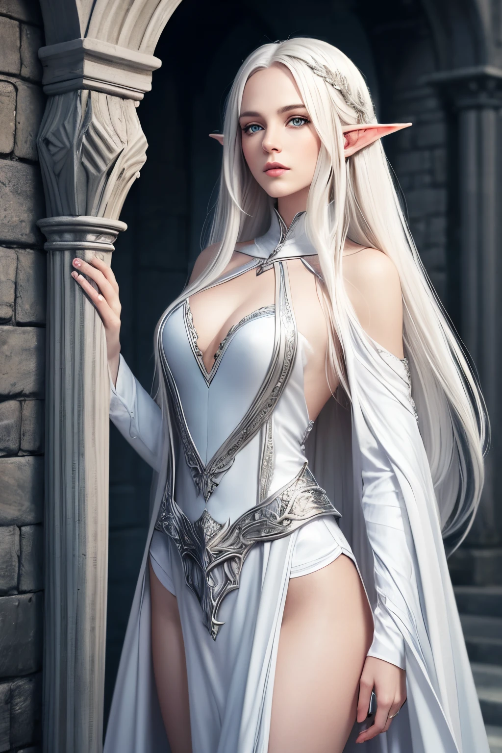 Realistic, photorealistic, ultra detailed ,gentle beautiful 19 years old woman, elven queen, wearing white robes with gold decorations, white hair, extremely pale, extremely white skin, peachy makeup, beautiful detailed face, cute sexy, pleasure, beautiful eyes, perfect bright eyes, dinamic pose, perfect anatomy, Slim physique, professional photoshoot, cinematic light, Centered image, elegant, approaching perfection, canon 6d, detailed steanpunk background, Kinkade background, fine facial traits, (depth of field), cinematic
