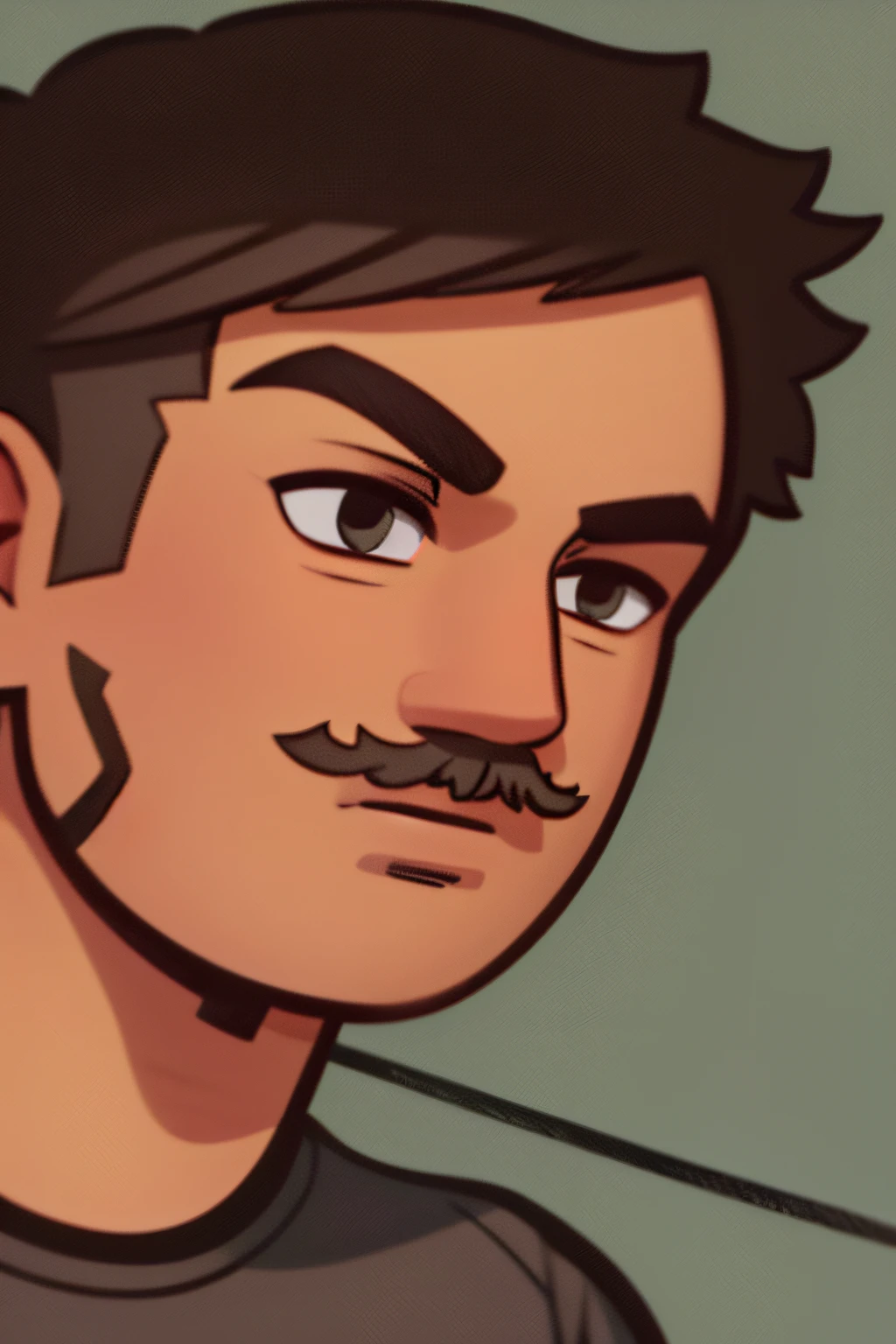 young man, brown hair, nariz marcante, camisa preta e cinza, apenas parte superior, bigode pequeno sem barba, Rosto redondo, olhos ligeiramente inclinados, Looking at the camera sideways